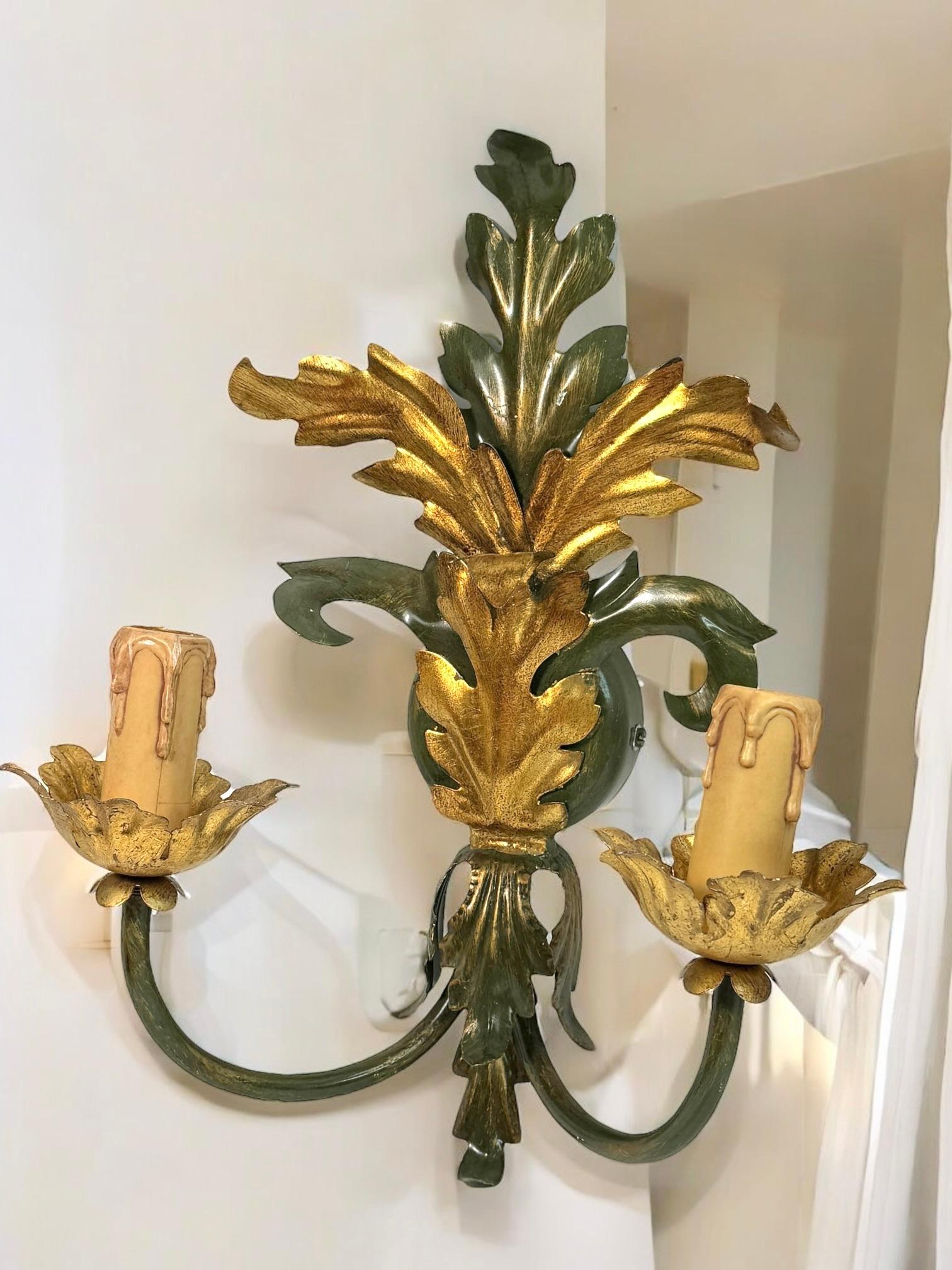 Pair of Florentine 2 Light Tole Toleware Sconces by Eglo Austria For Sale 5