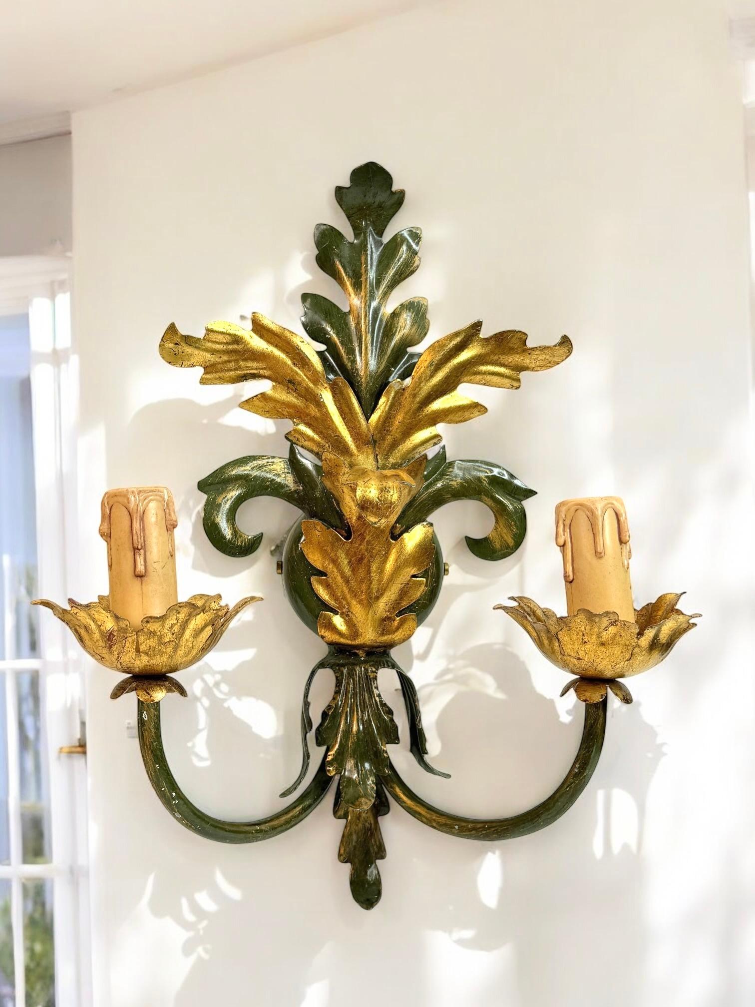Pair of Florentine 2 Light Tole Toleware Sconces by Eglo Austria For Sale 6