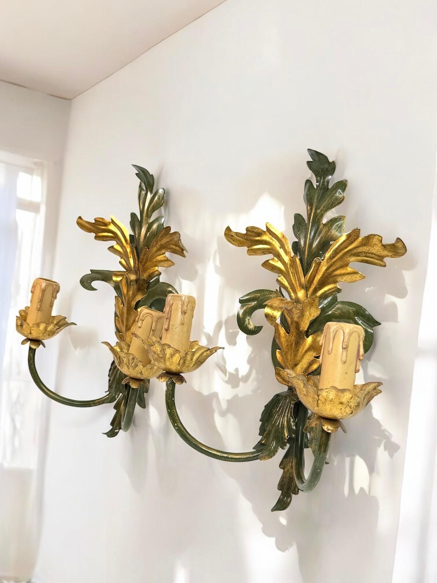 Pair of Florentine 2 Light Tole Toleware Sconces by Eglo Austria For Sale 7