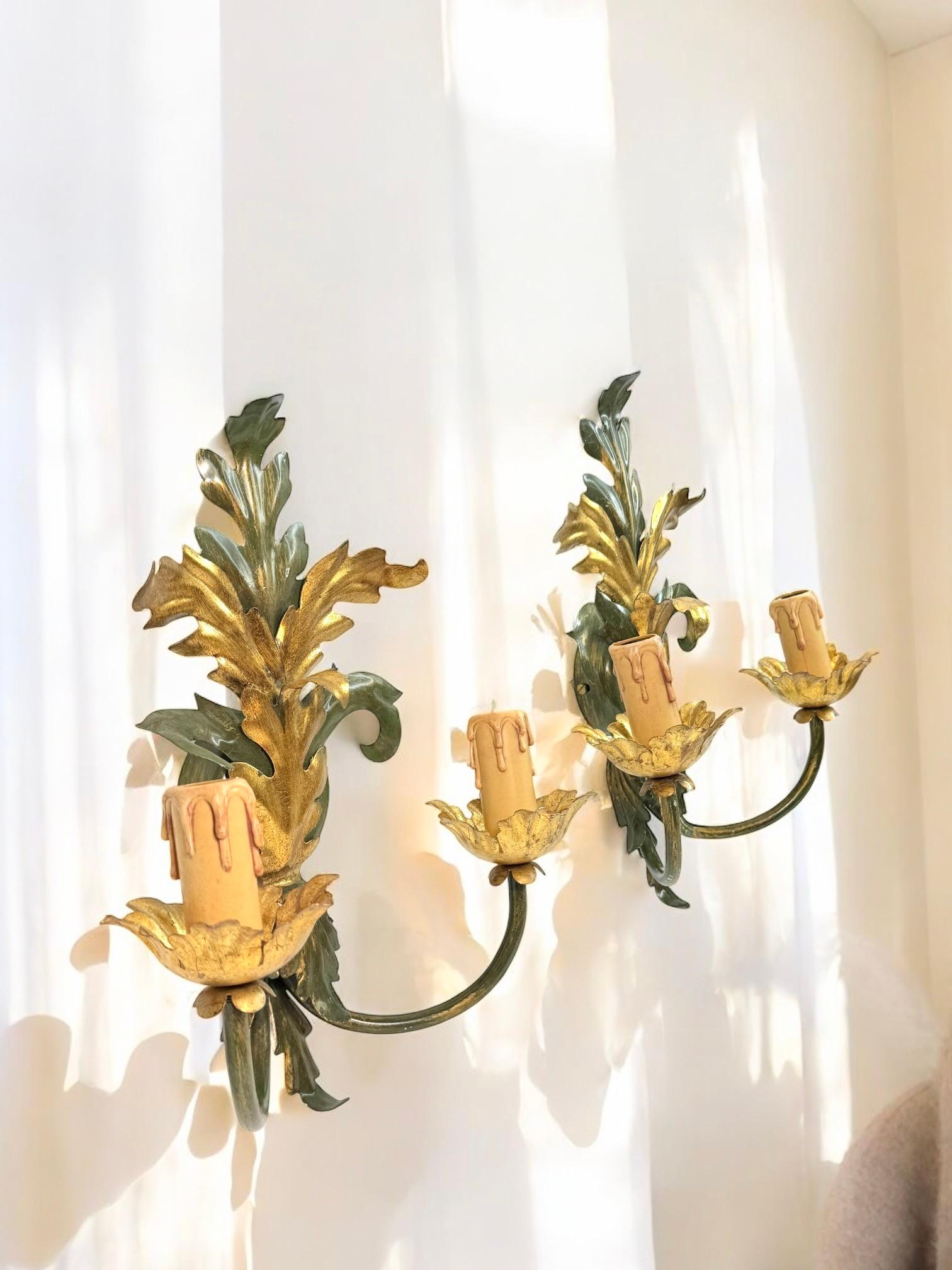 Pair of Florentine 2 Light Tole Toleware Sconces by Eglo Austria For Sale 8