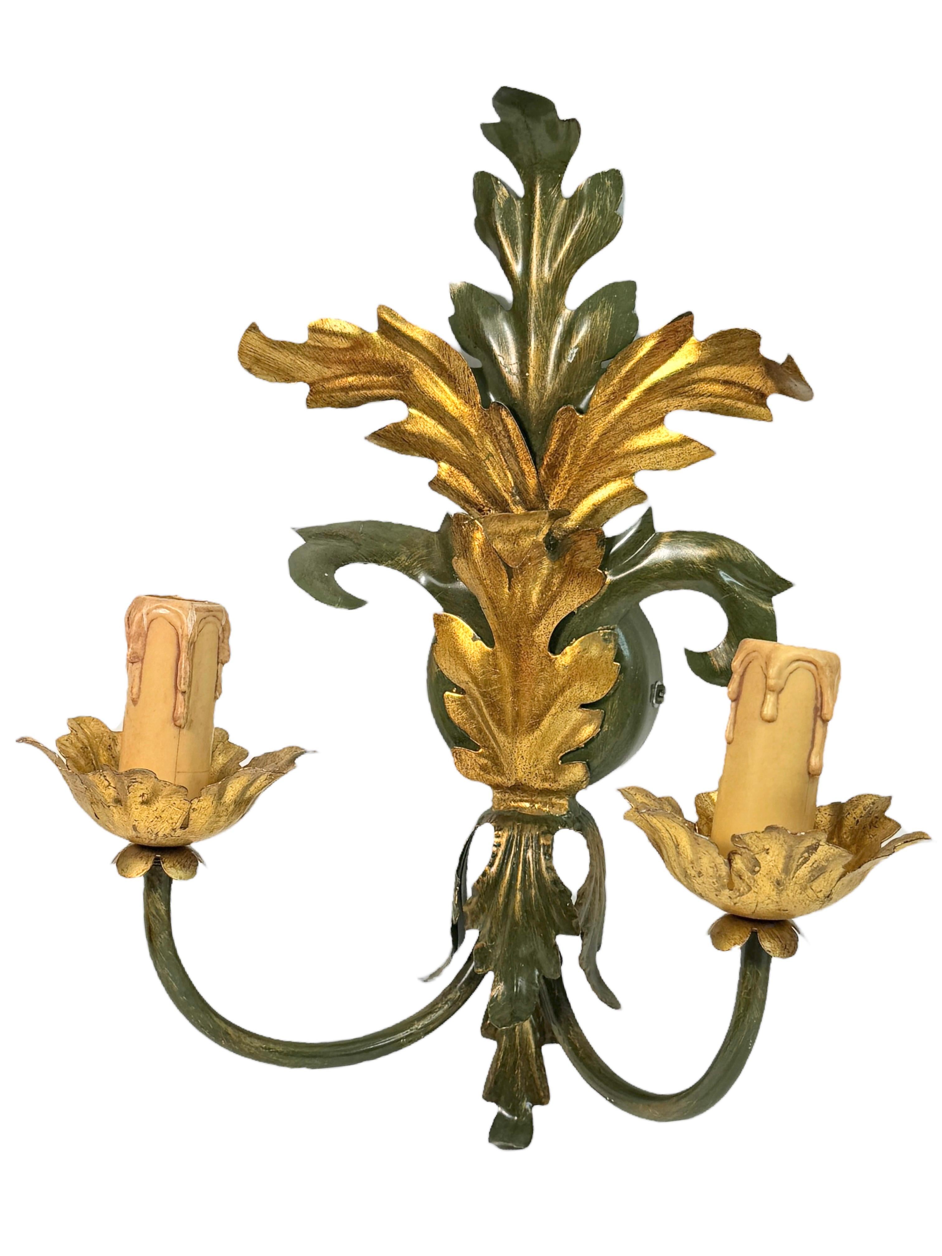 Baroque Pair of Florentine 2 Light Tole Toleware Sconces by Eglo Austria For Sale