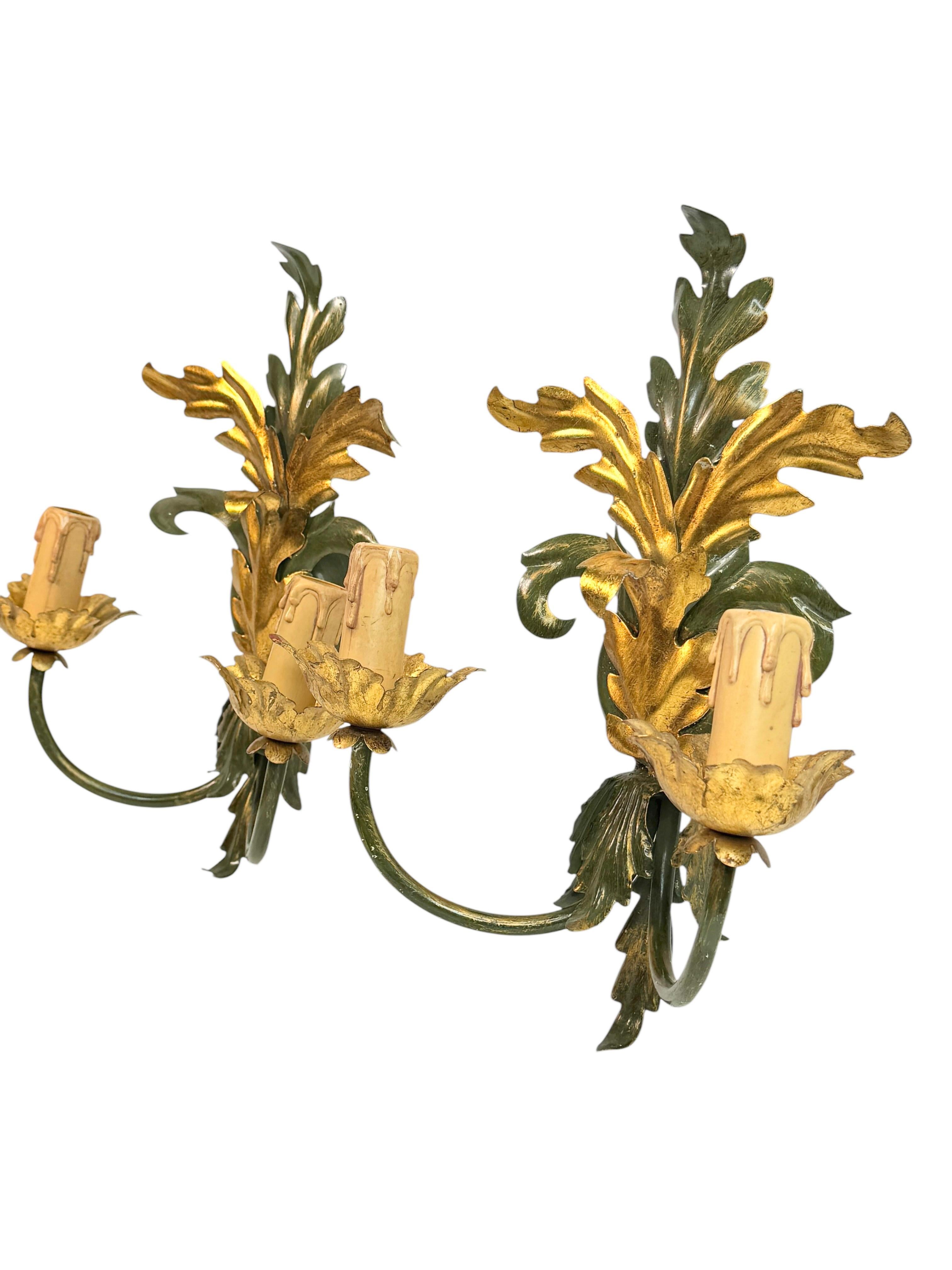 Austrian Pair of Florentine 2 Light Tole Toleware Sconces by Eglo Austria For Sale