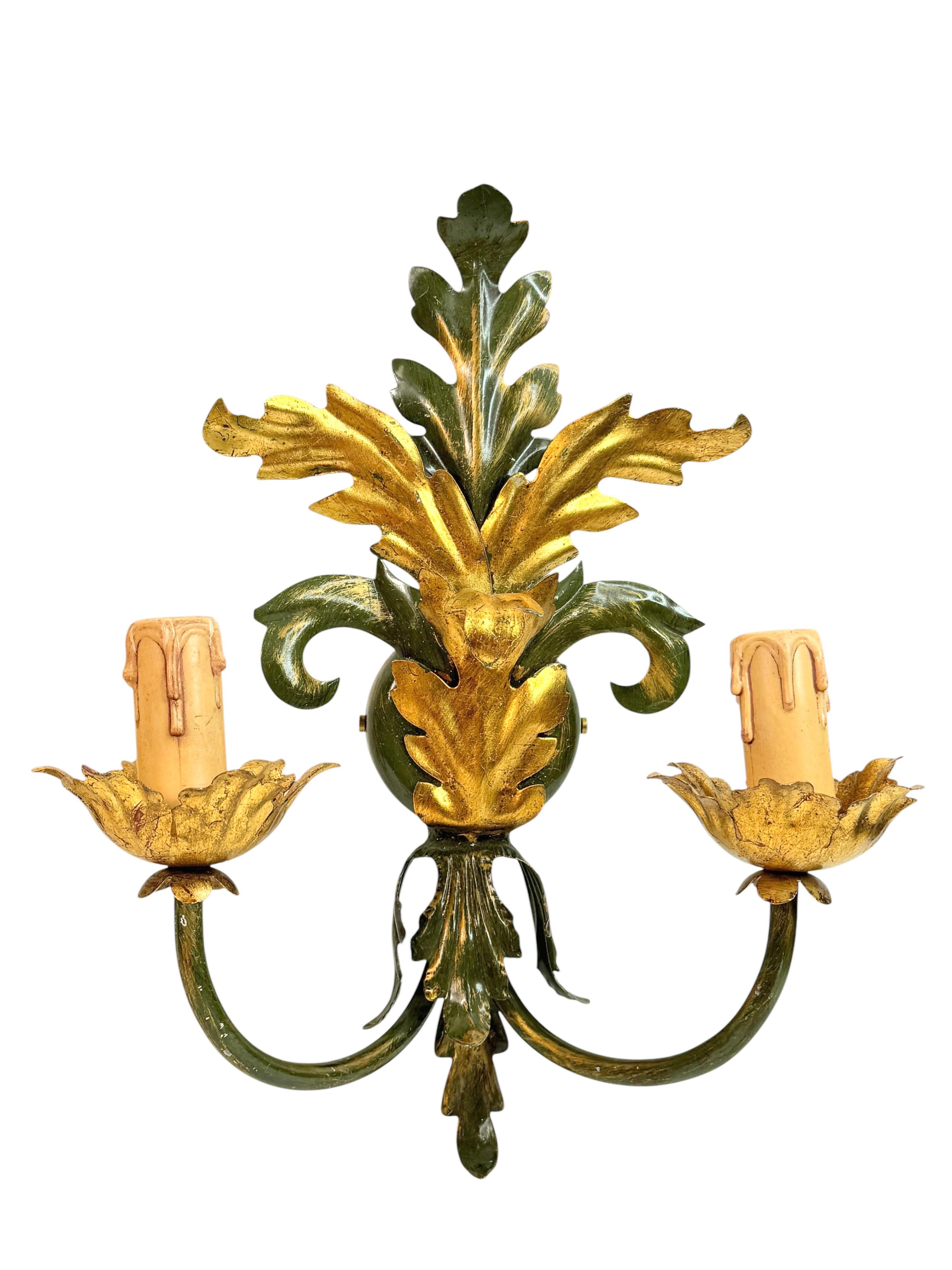 Pair of Florentine 2 Light Tole Toleware Sconces by Eglo Austria In Good Condition For Sale In Nuernberg, DE