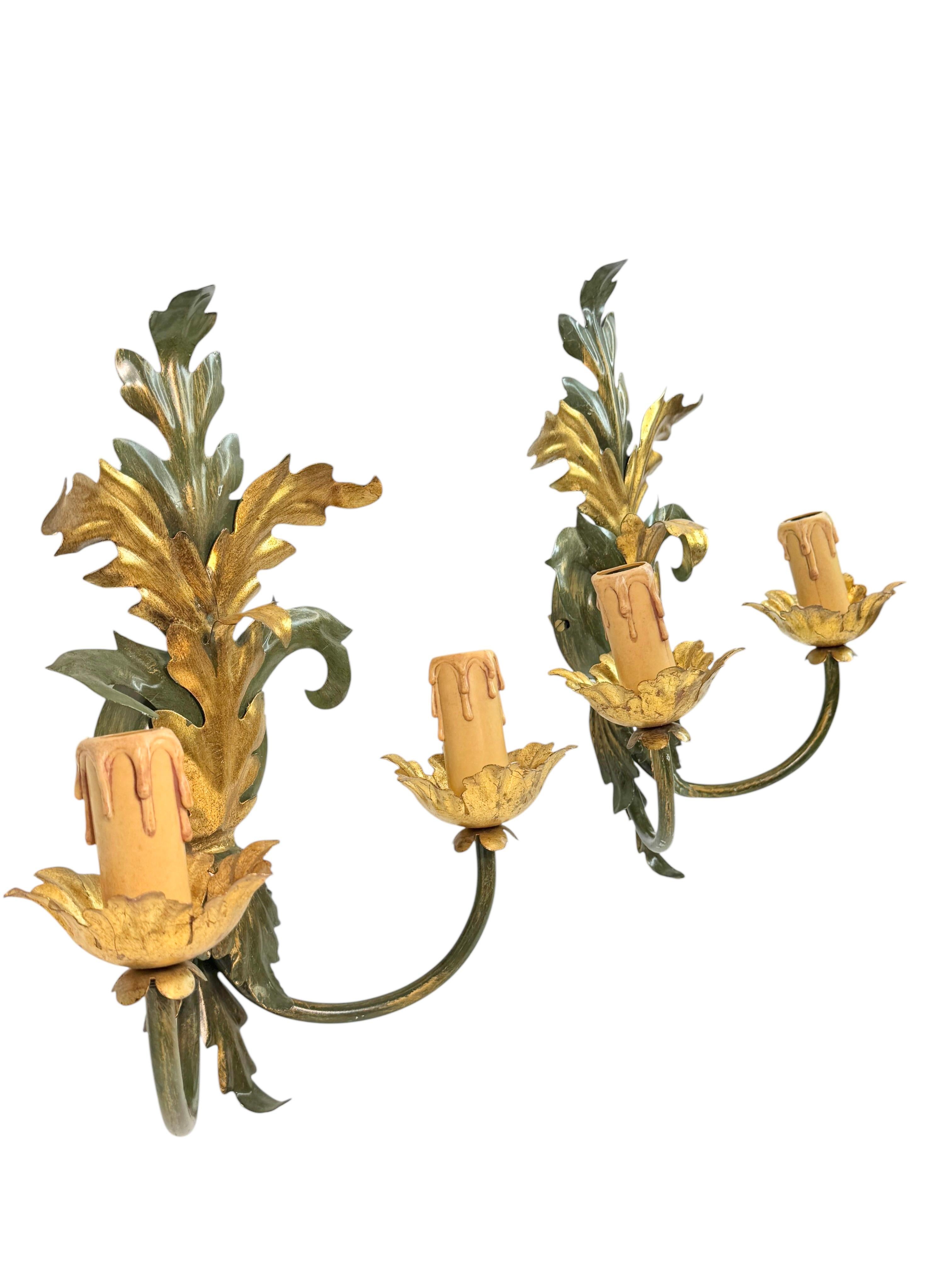 Metal Pair of Florentine 2 Light Tole Toleware Sconces by Eglo Austria For Sale