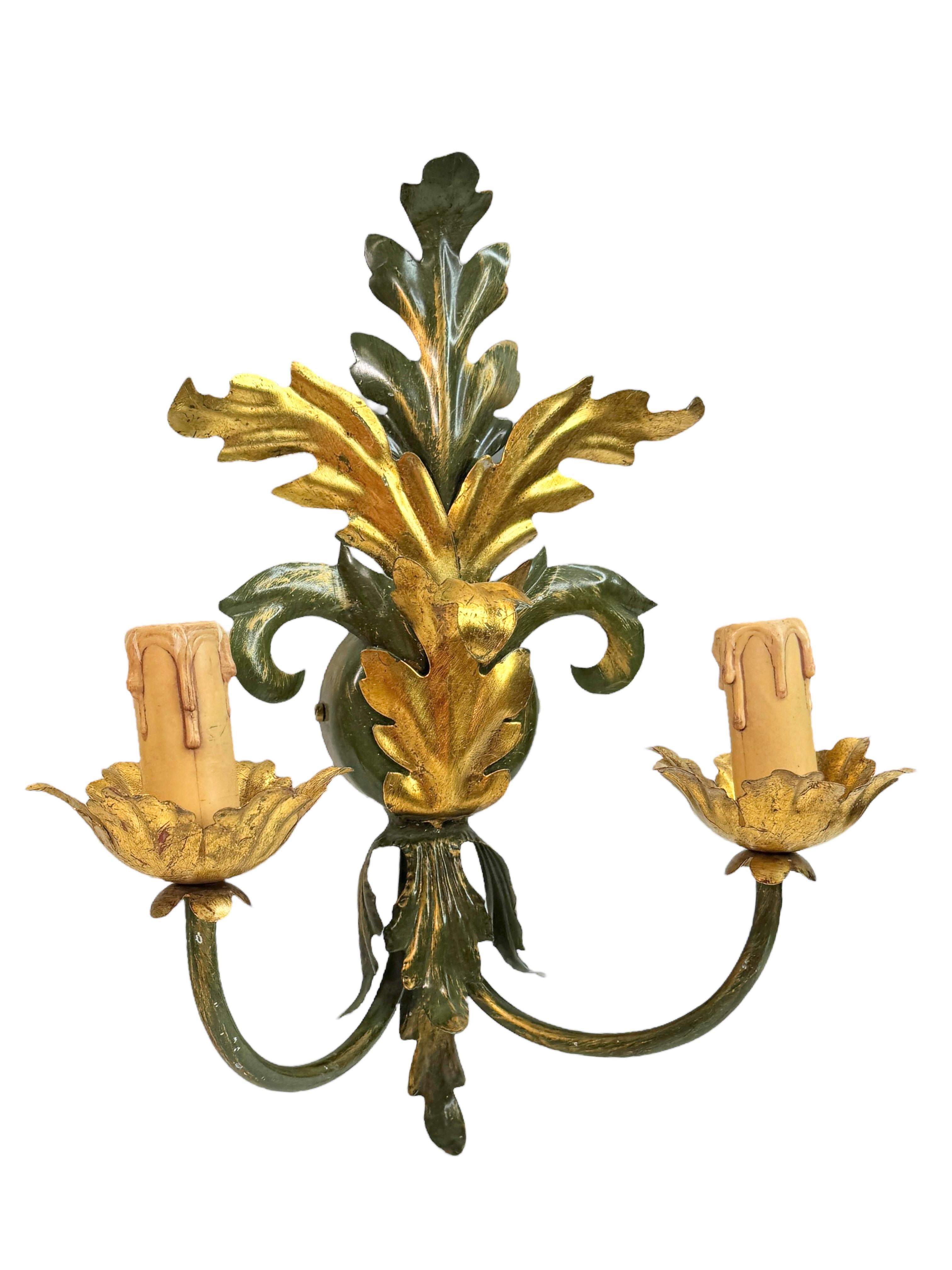 Pair of Florentine 2 Light Tole Toleware Sconces by Eglo Austria For Sale 1