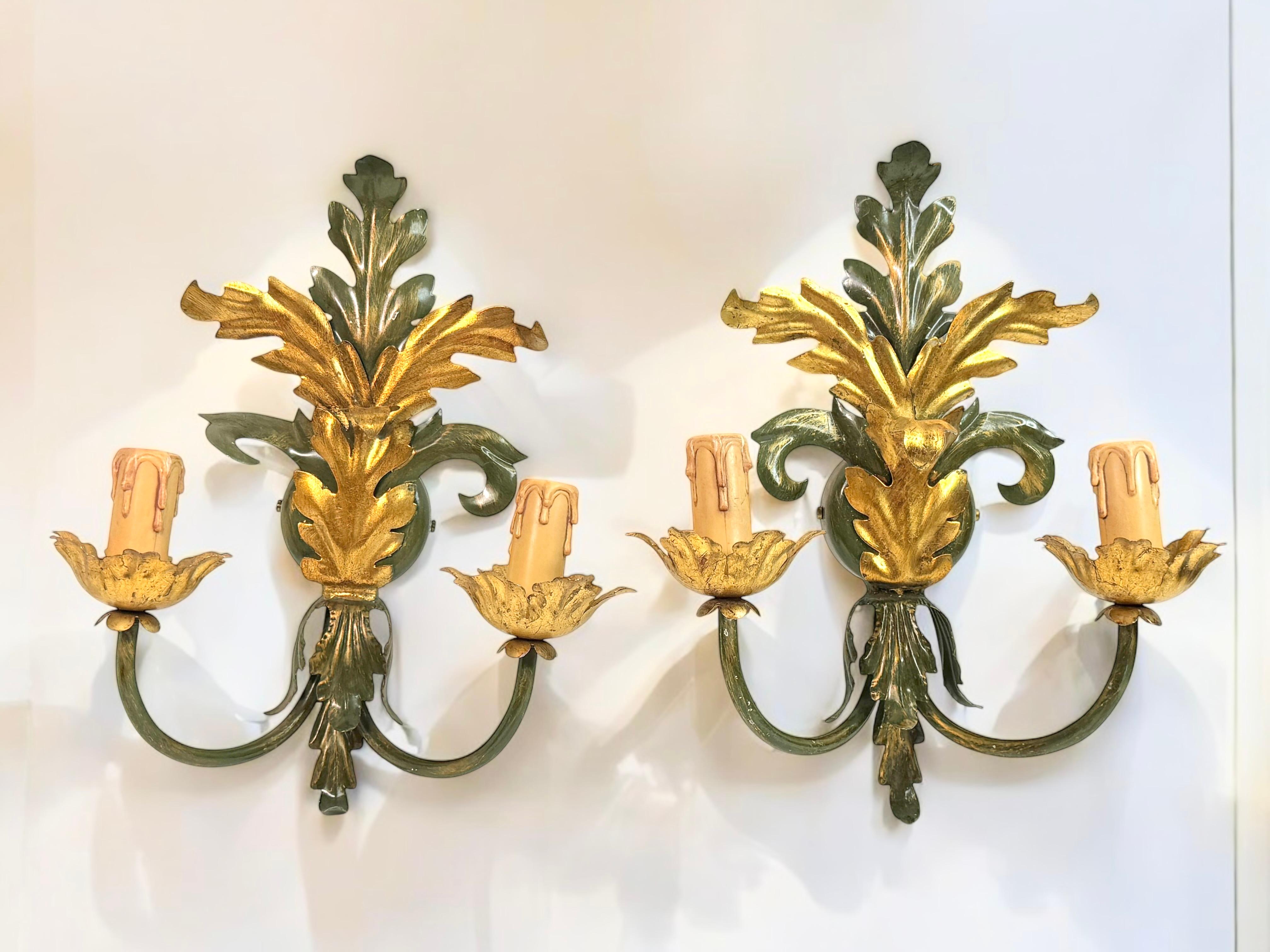 Pair of Florentine 2 Light Tole Toleware Sconces by Eglo Austria For Sale 2