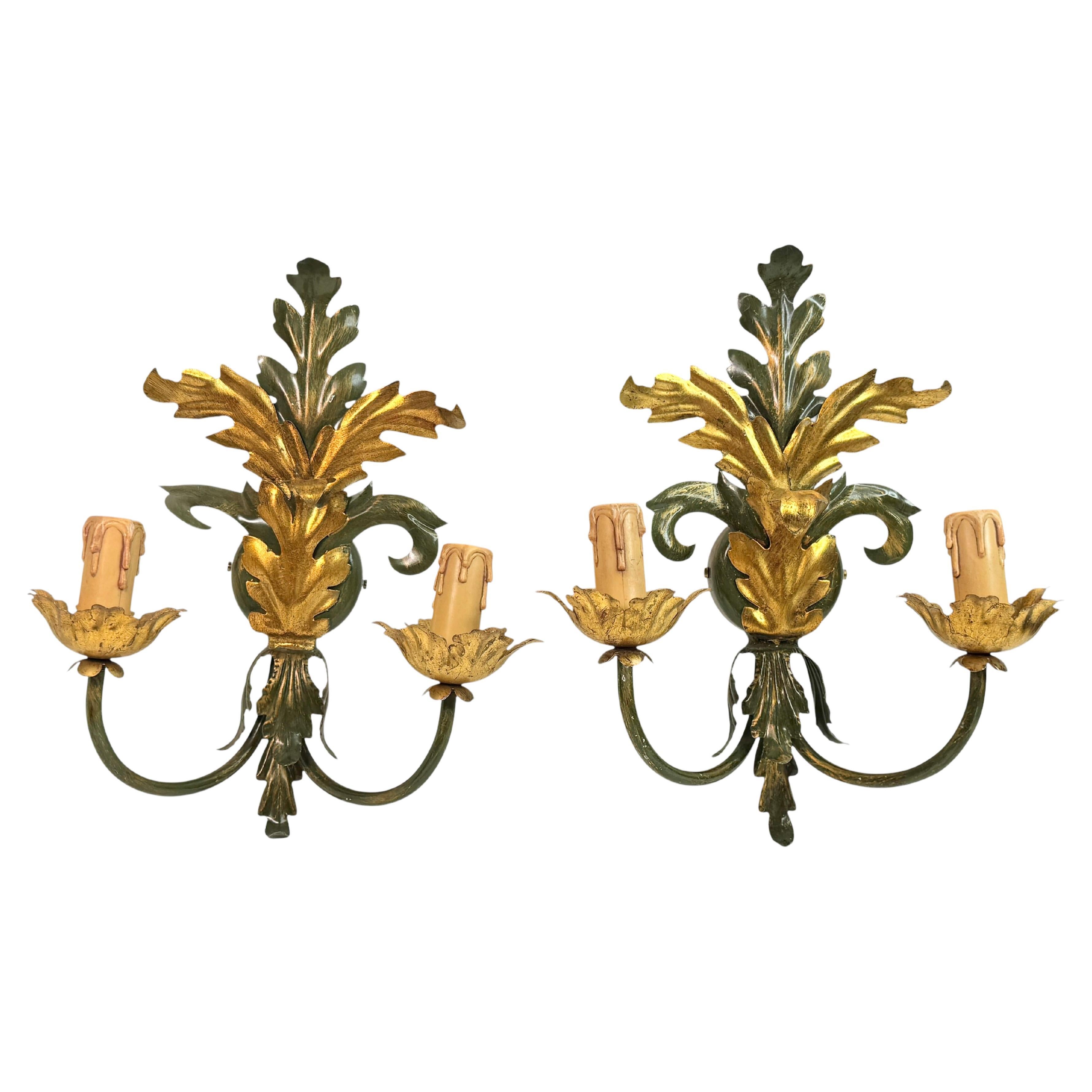 Pair of Florentine 2 Light Tole Toleware Sconces by Eglo Austria For Sale