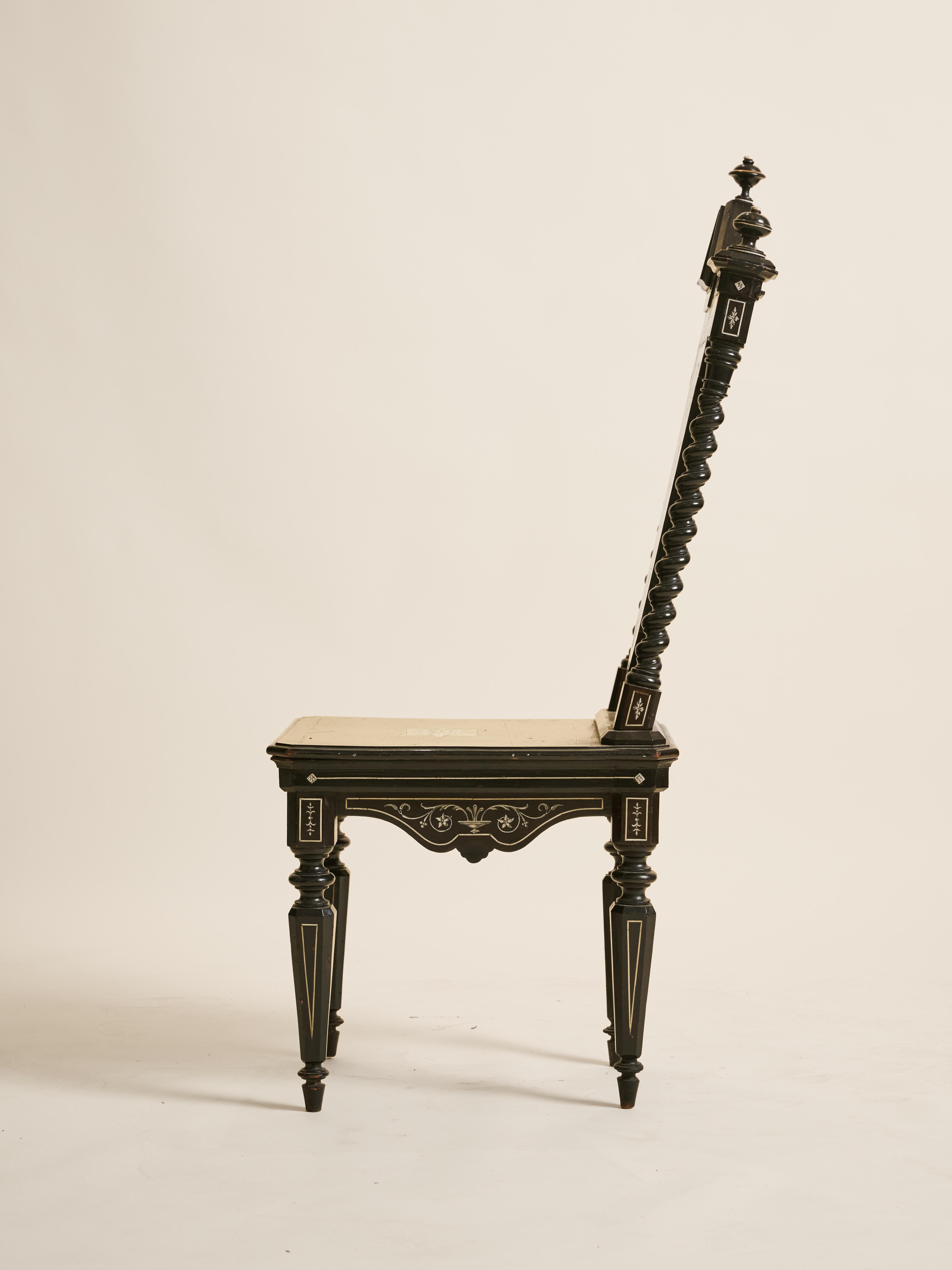 Pair of Florentine Baroque Style Ebonized Chairs Classical Greek Inlaid Figures For Sale 3