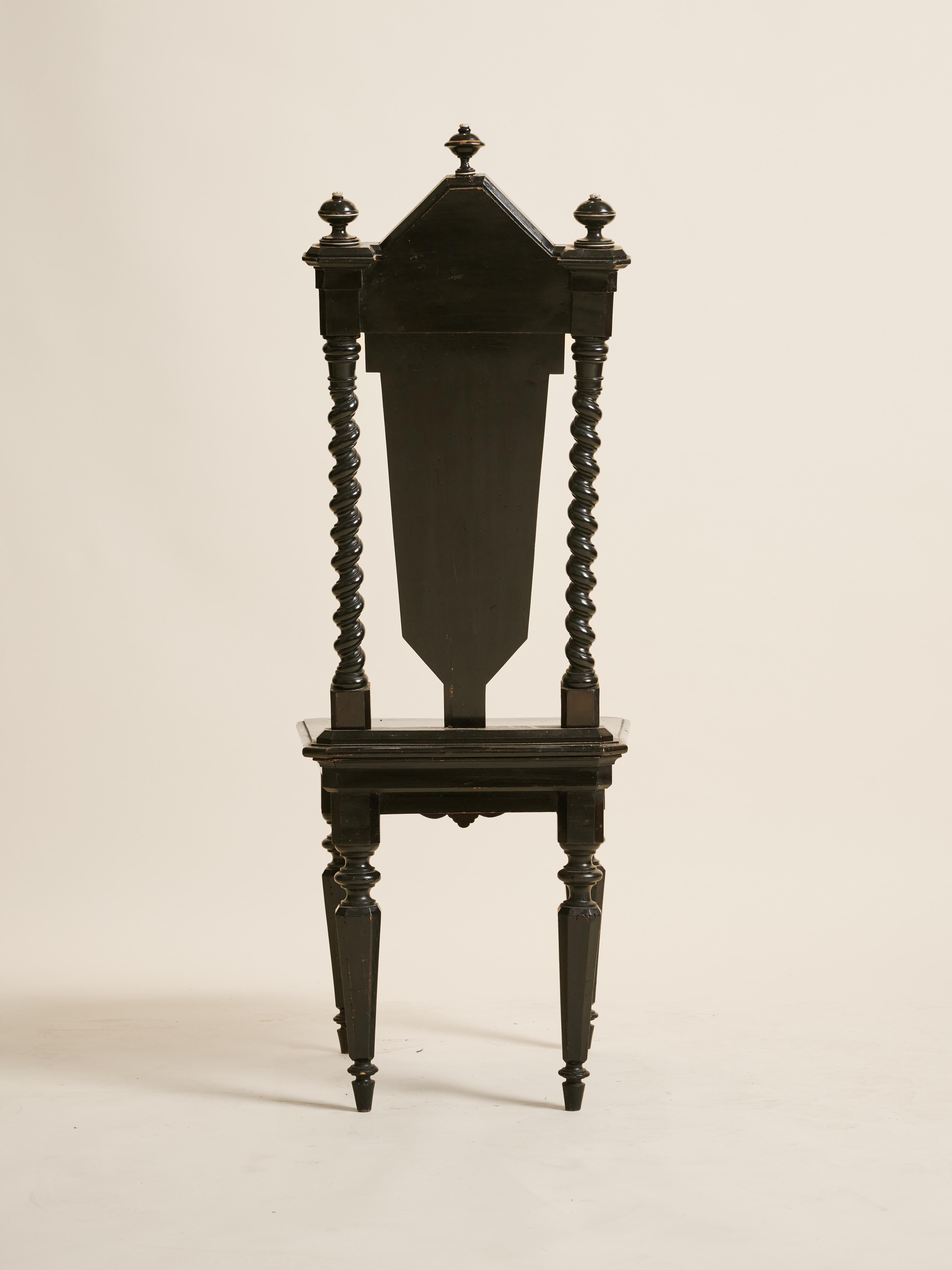 Pair of Florentine Baroque Style Ebonized Chairs Classical Greek Inlaid Figures For Sale 4