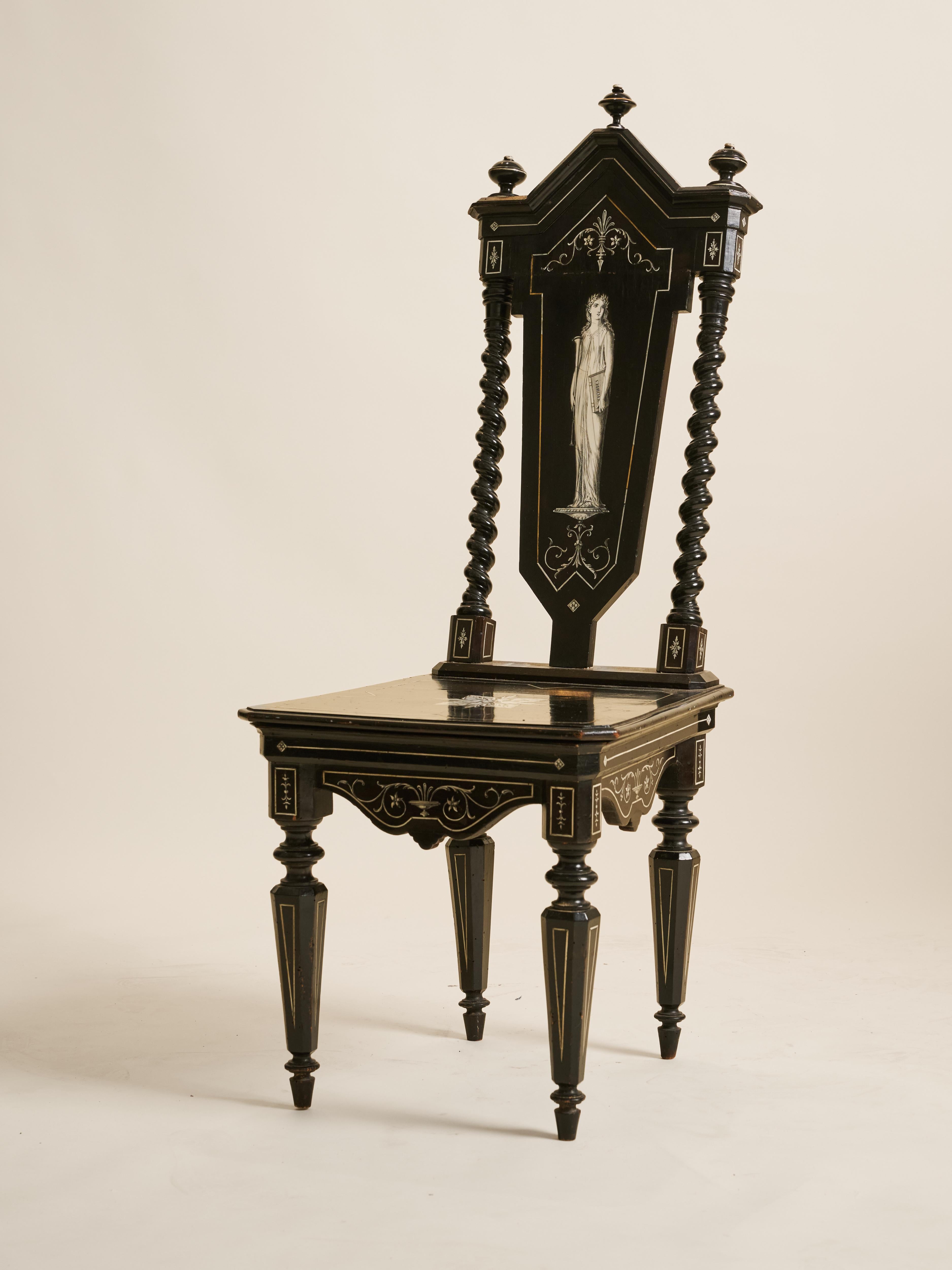 Italian Pair of Florentine Baroque Style Ebonized Chairs Classical Greek Inlaid Figures For Sale