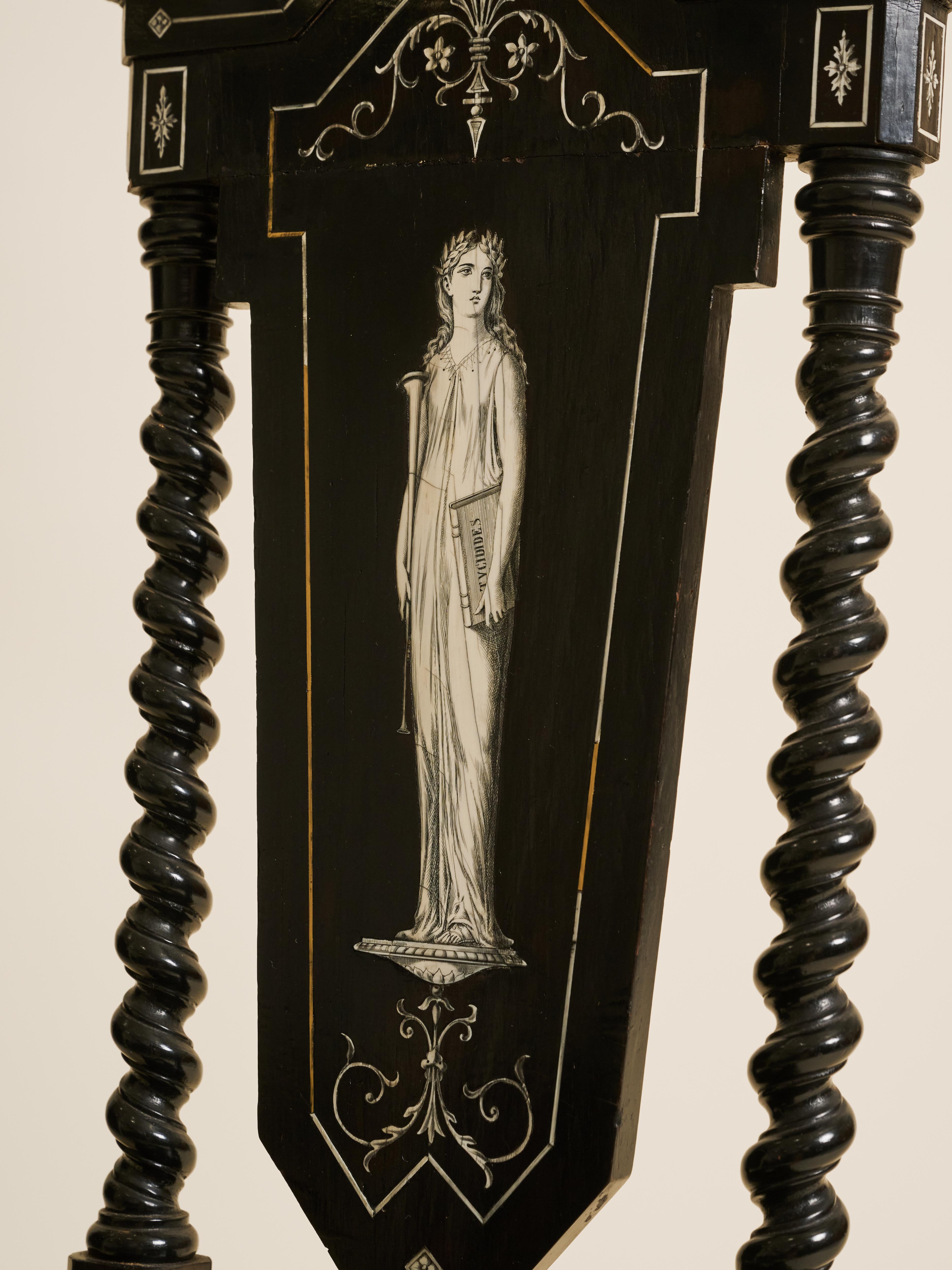 Inlay Pair of Florentine Baroque Style Ebonized Chairs Classical Greek Inlaid Figures For Sale