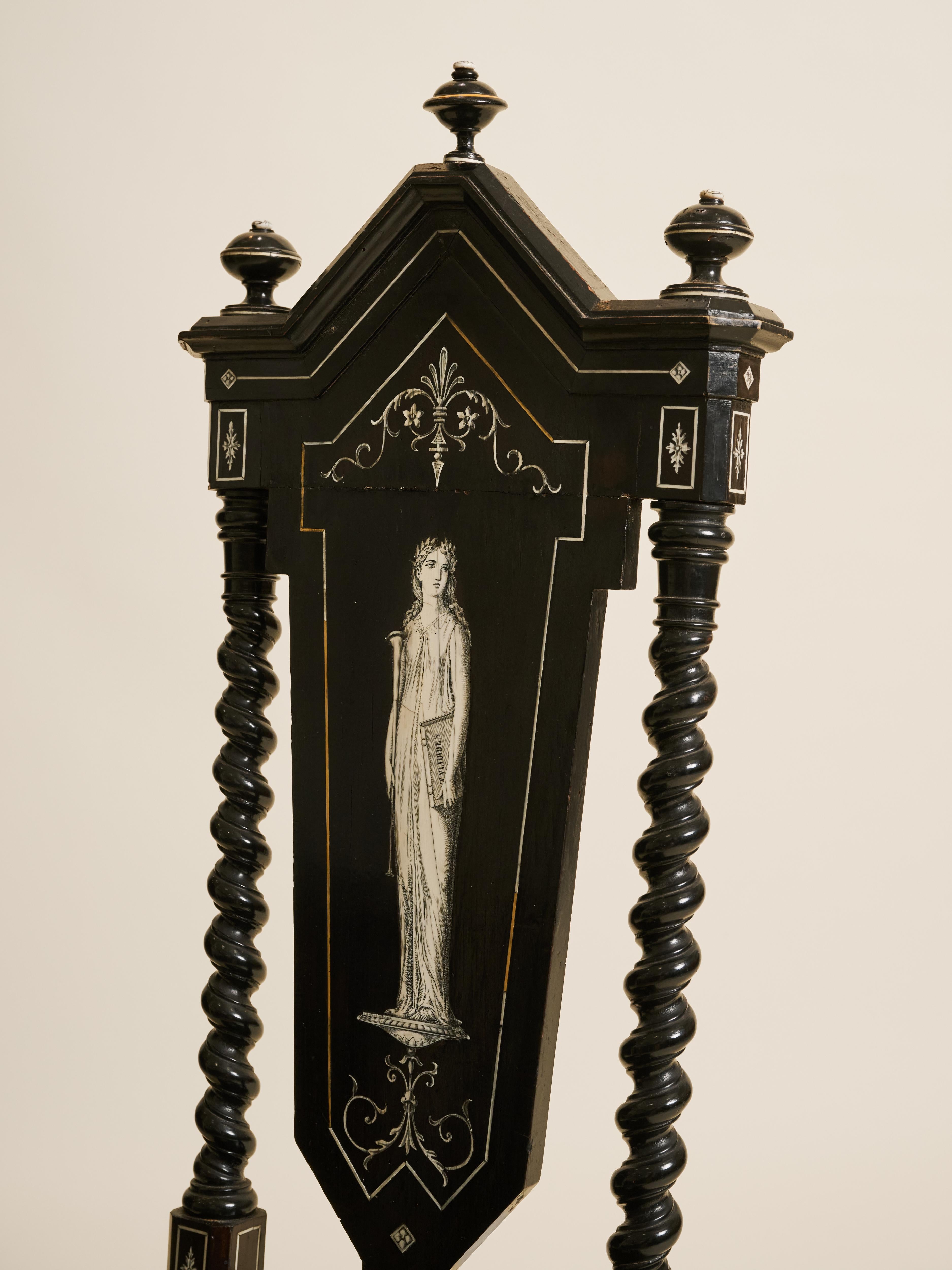 Pair of Florentine Baroque Style Ebonized Chairs Classical Greek Inlaid Figures In Good Condition For Sale In San Francisco, CA