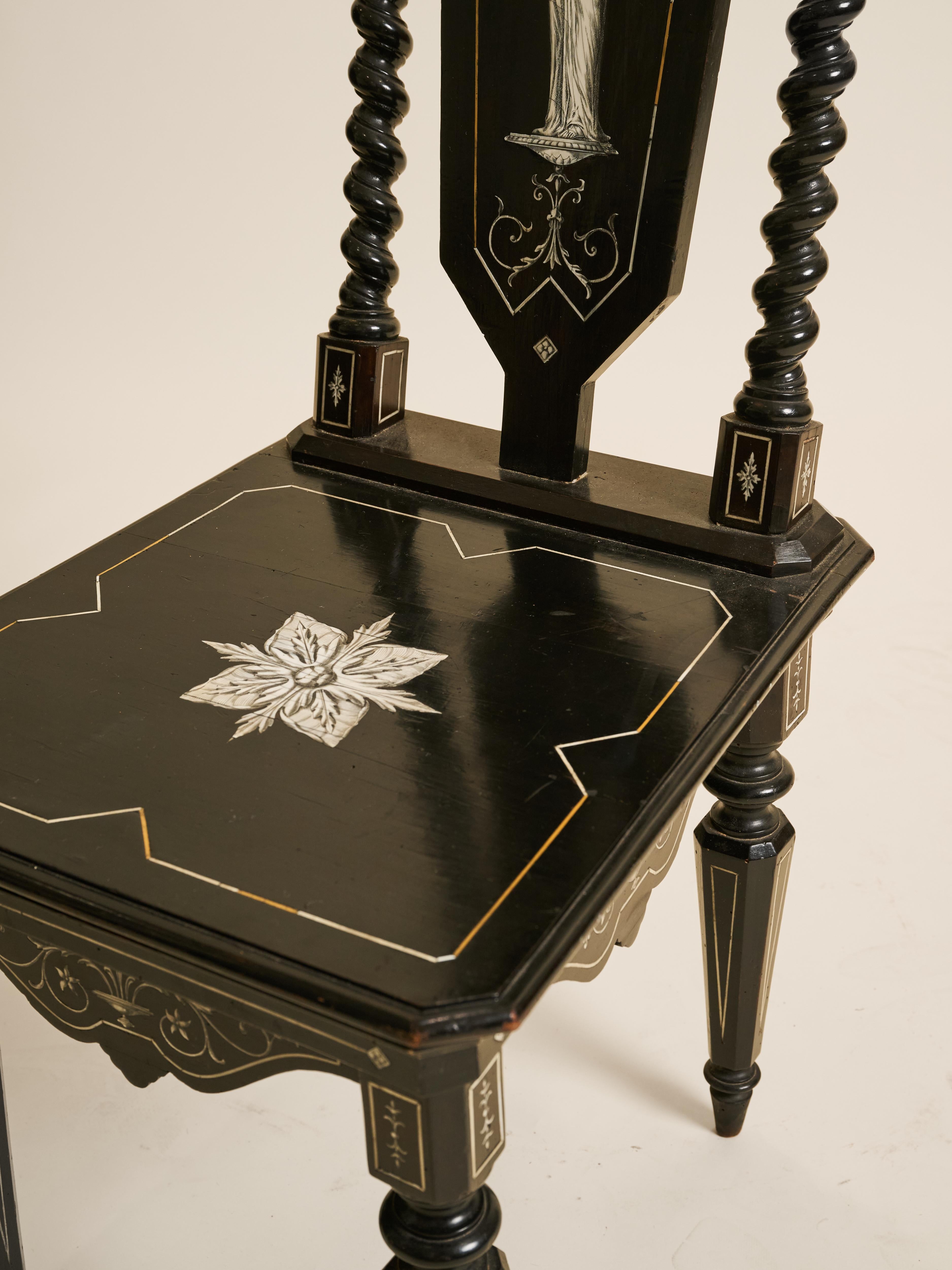 18th Century and Earlier Pair of Florentine Baroque Style Ebonized Chairs Classical Greek Inlaid Figures For Sale