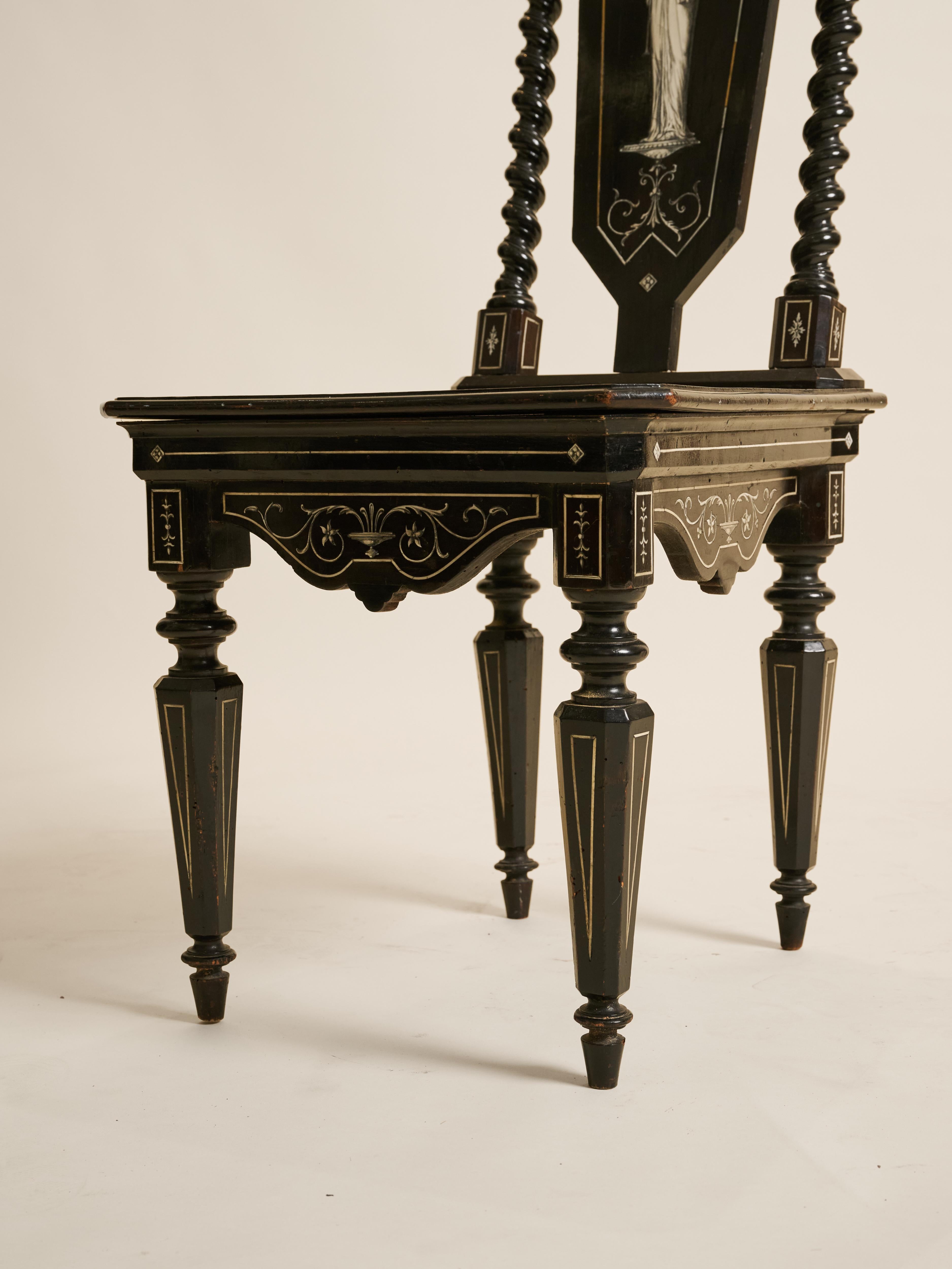 Ivory Pair of Florentine Baroque Style Ebonized Chairs Classical Greek Inlaid Figures For Sale