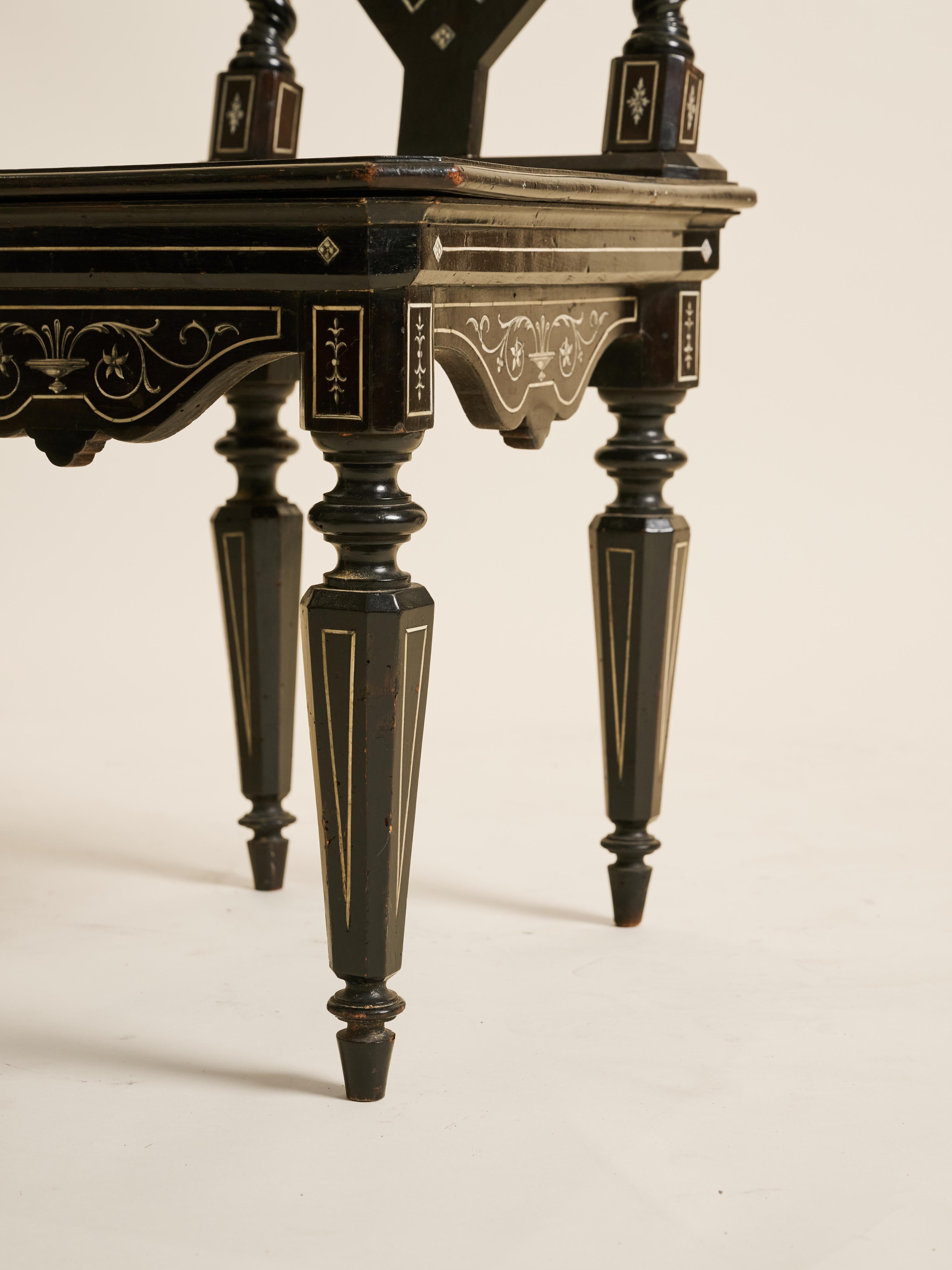 Pair of Florentine Baroque Style Ebonized Chairs Classical Greek Inlaid Figures For Sale 1