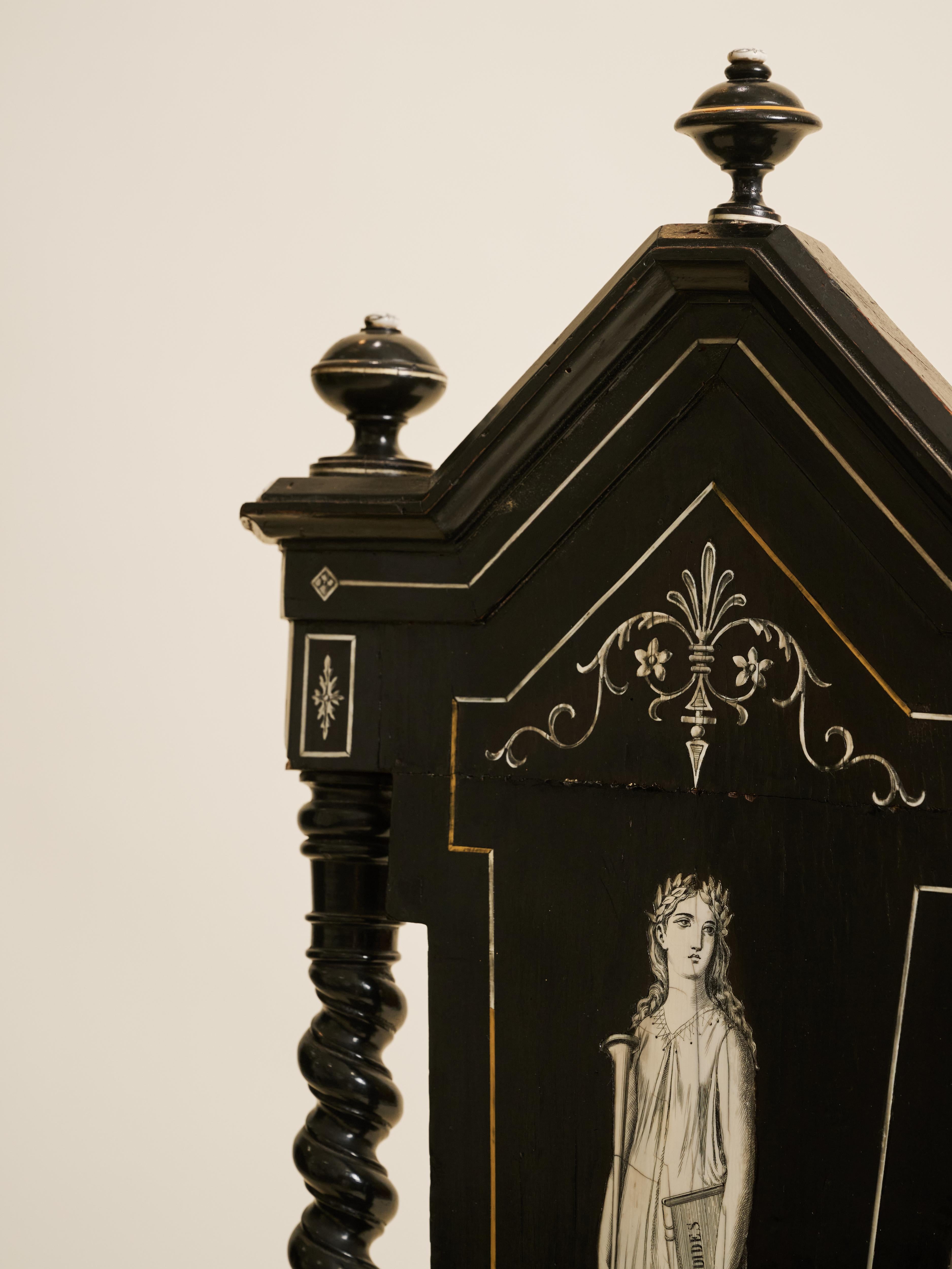 Pair of Florentine Baroque Style Ebonized Chairs Classical Greek Inlaid Figures For Sale 2