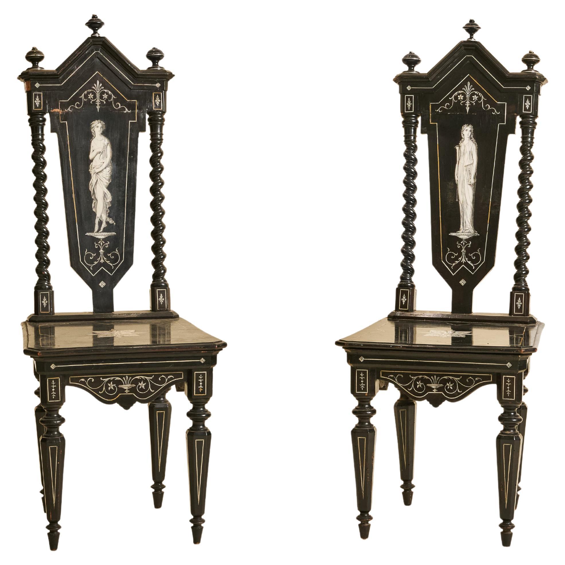 Pair of Florentine Baroque Style Ebonized Chairs Classical Greek Inlaid Figures For Sale