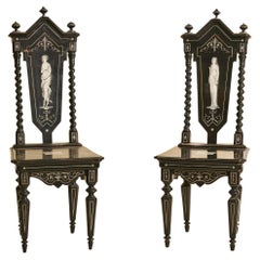 Antique Pair of Florentine Baroque Style Ebonized Chairs Classical Greek Inlaid Figures