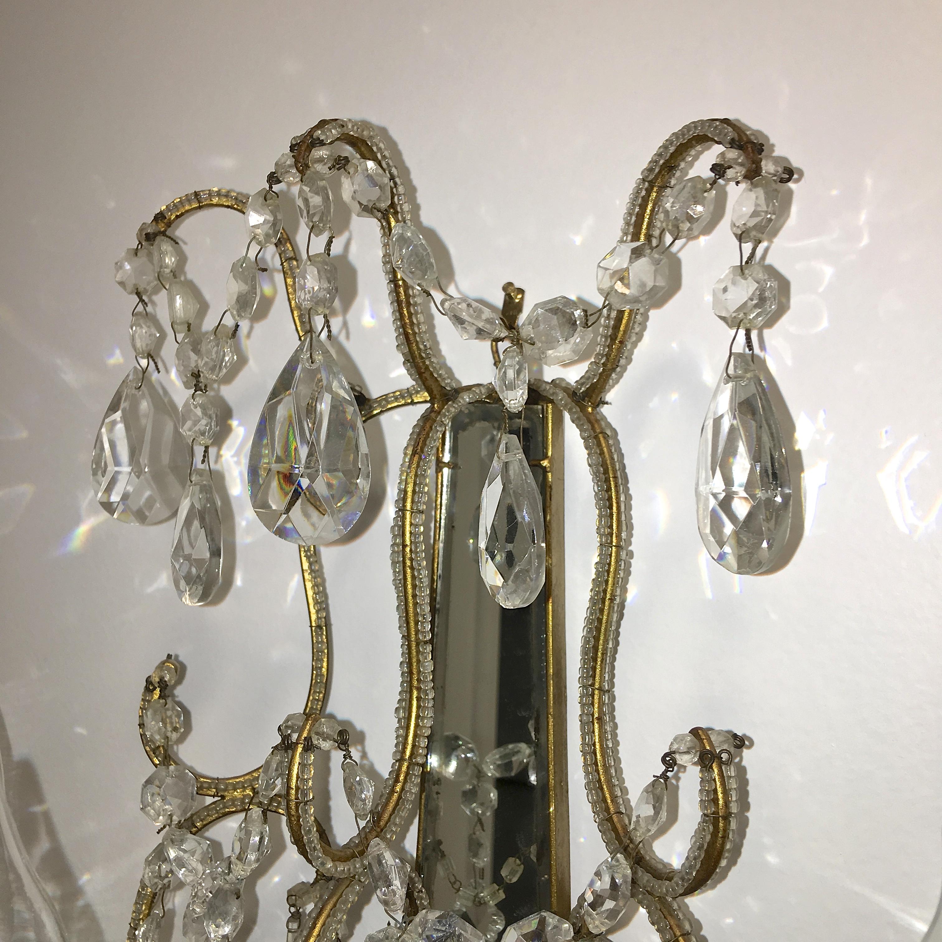 Pair of Florentine Beaded Gilt Metal and Crystal Sconces For Sale 6