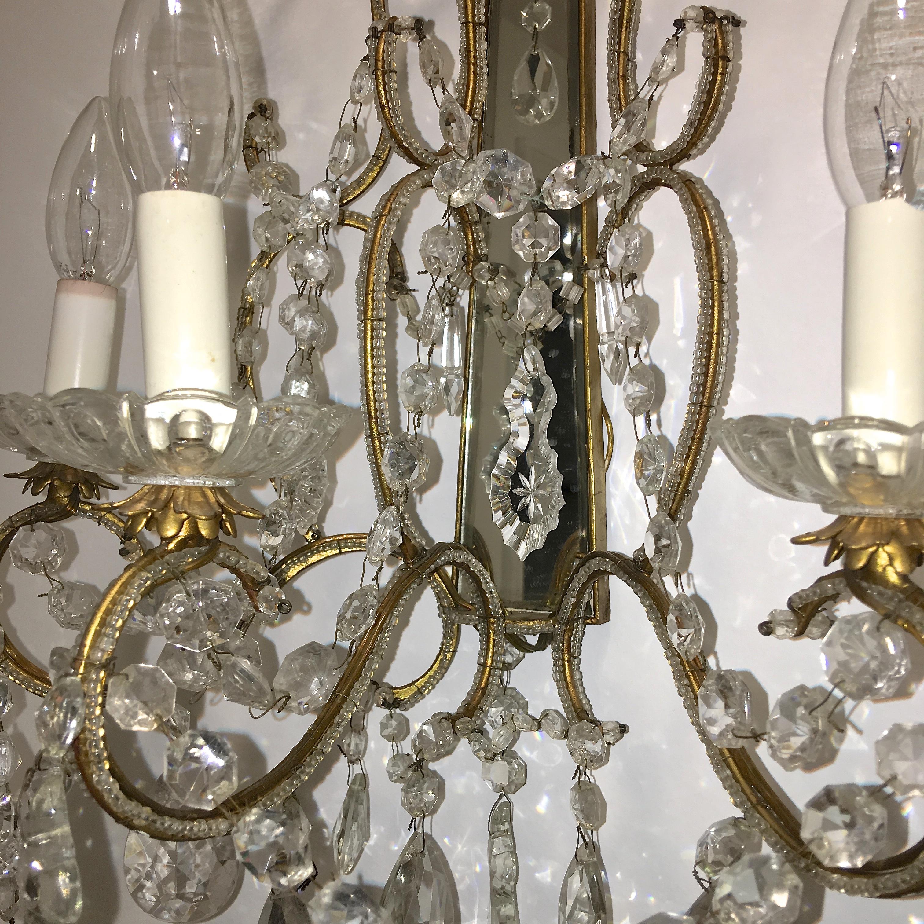 Pair of Florentine Beaded Gilt Metal and Crystal Sconces For Sale 7