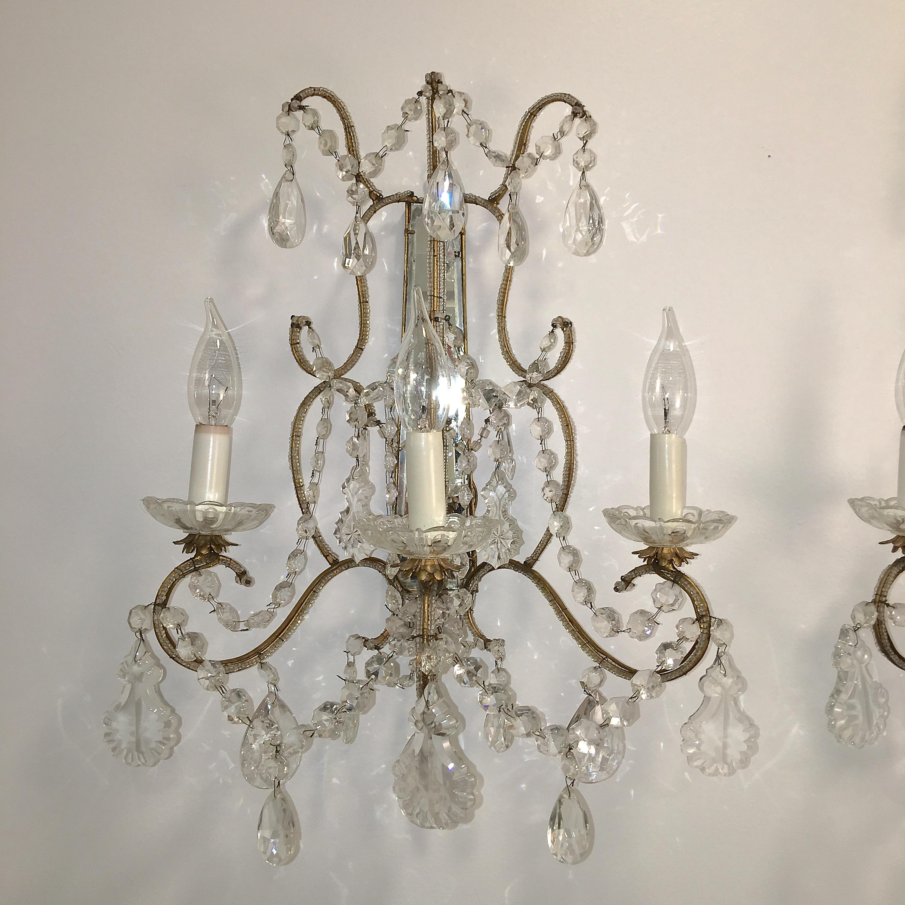 Rococo Revival Pair of Florentine Beaded Gilt Metal and Crystal Sconces For Sale