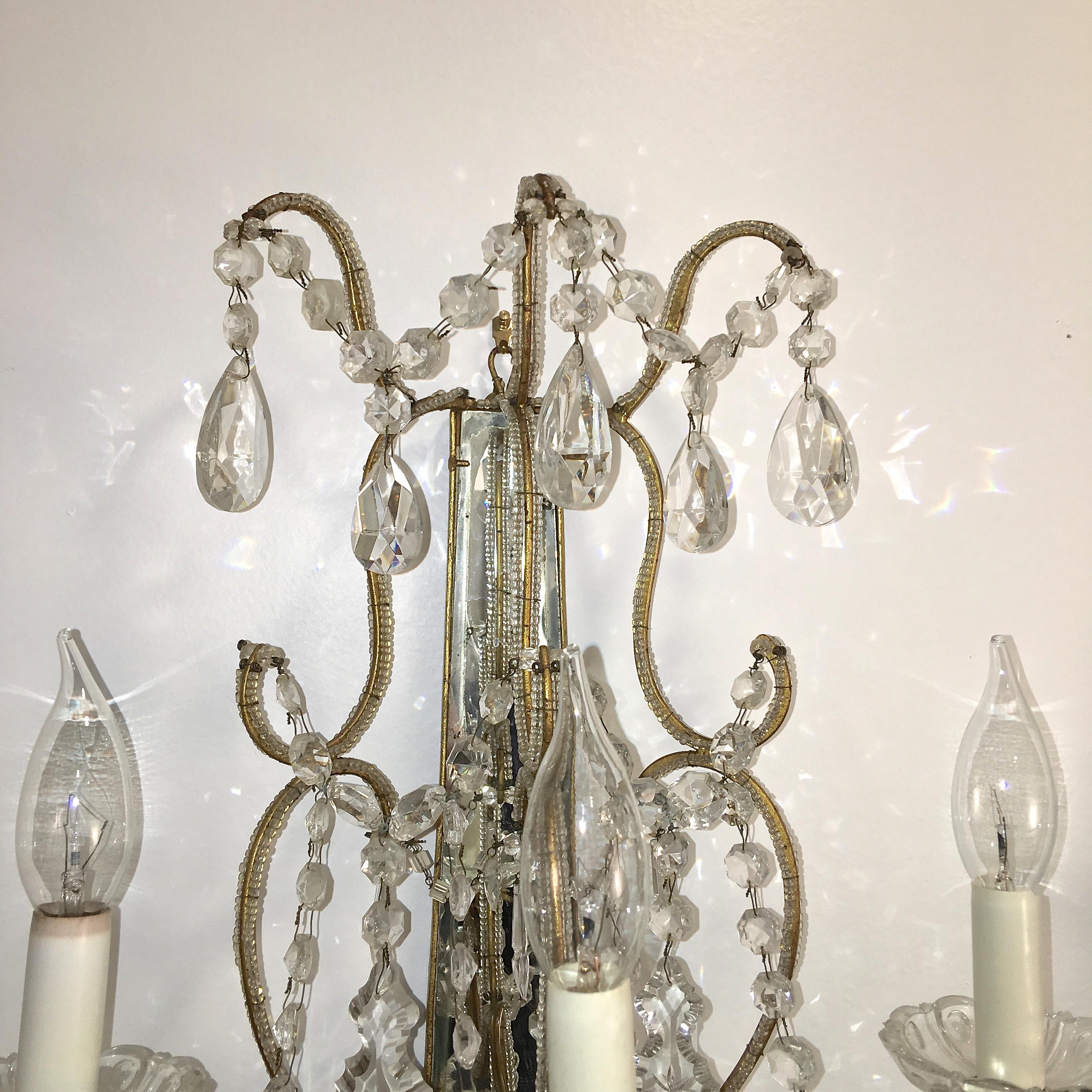 Pair of Florentine Beaded Gilt Metal and Crystal Sconces In Good Condition For Sale In Hanover, MA