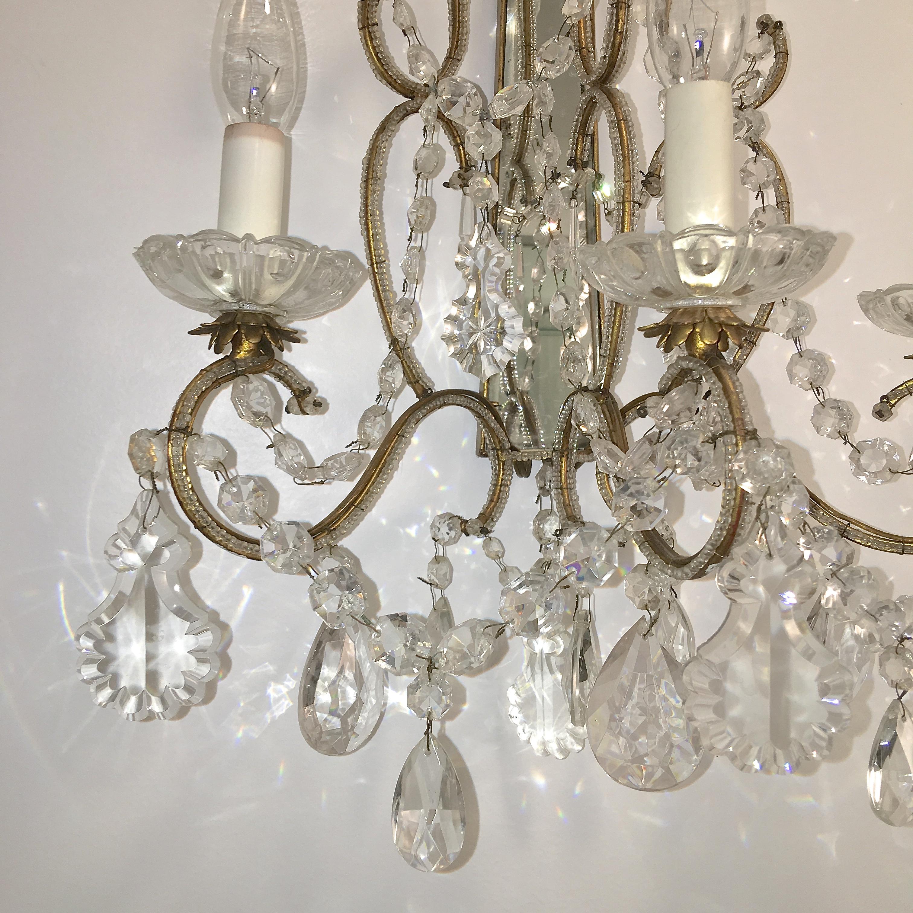 Mid-20th Century Pair of Florentine Beaded Gilt Metal and Crystal Sconces For Sale