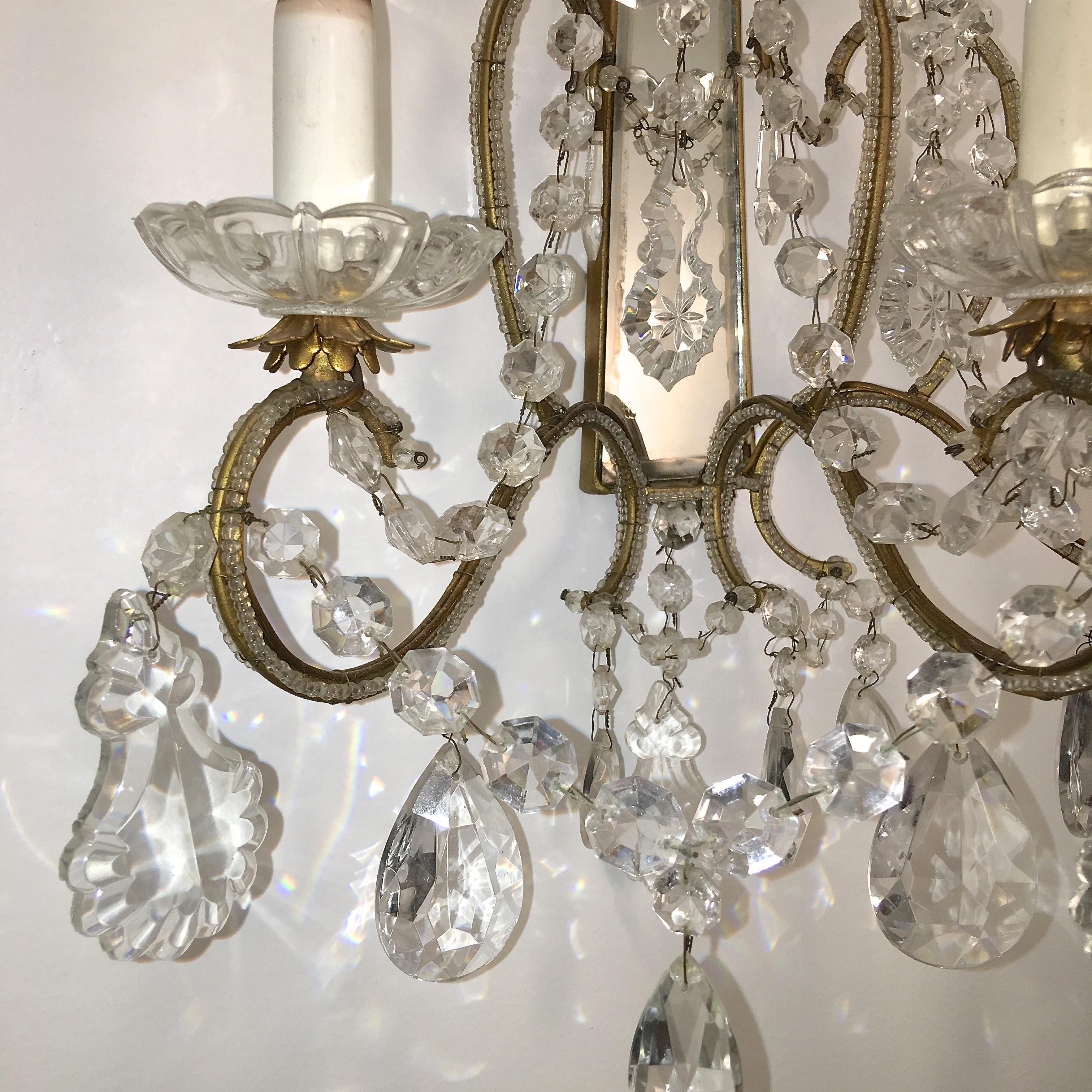 Iron Pair of Florentine Beaded Gilt Metal and Crystal Sconces For Sale