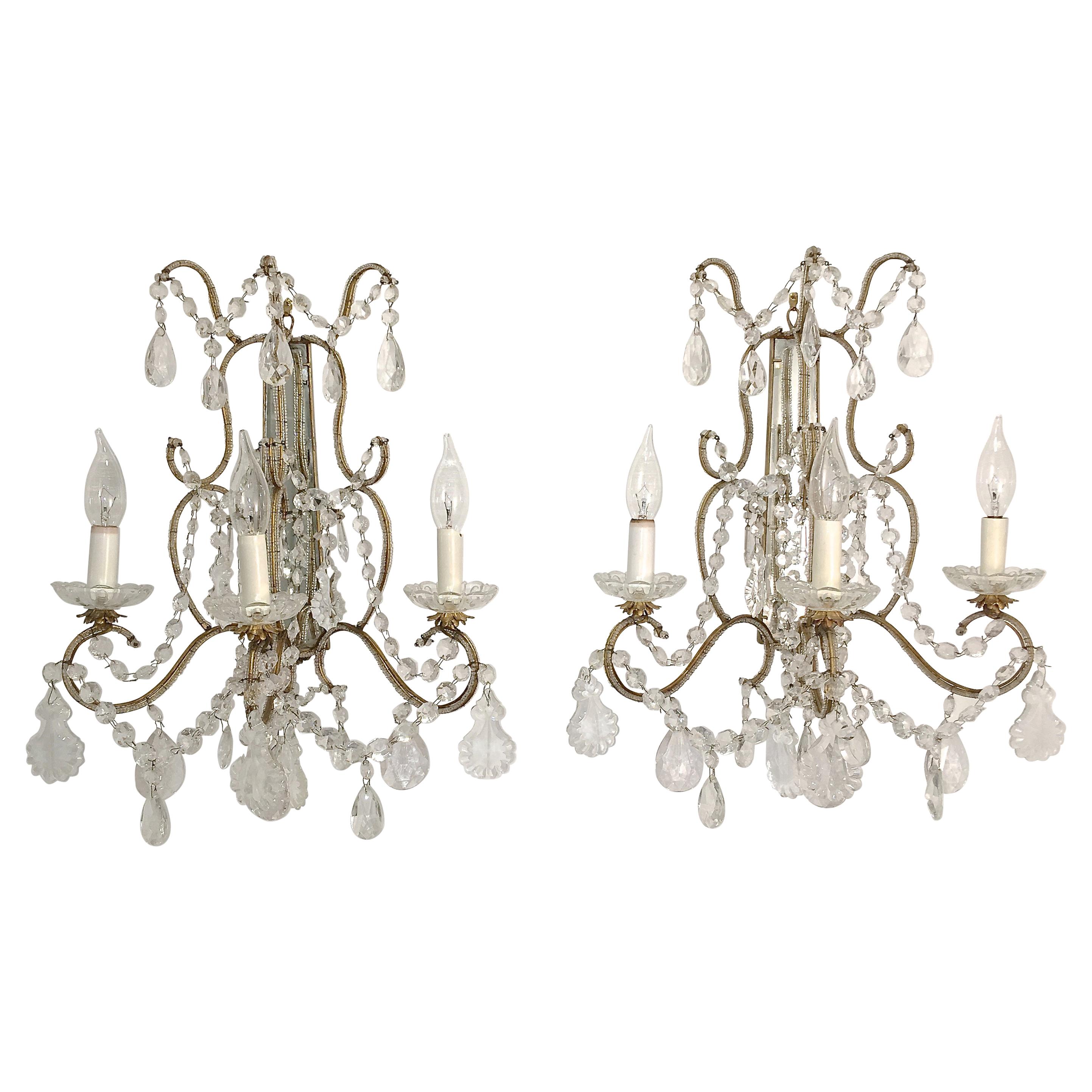 Pair of Florentine Beaded Gilt Metal and Crystal Sconces For Sale