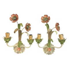 Pair of Florentine Flower and Leaf Two-Light Wall Light Sconce Vintage, Italy