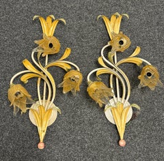 Pair of Florentine Flower & Leaf Three Light Sconces Vintage, Italy