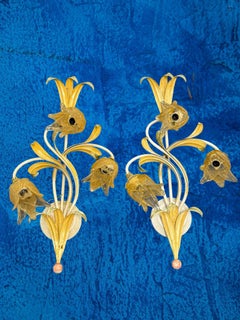 Pair of Florentine Flower & Leaf Three Light Sconces Vintage, Italy