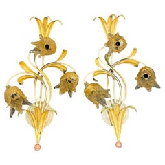 Pair of Florentine Flower & Leaf Three Light Sconces Vintage, Italy