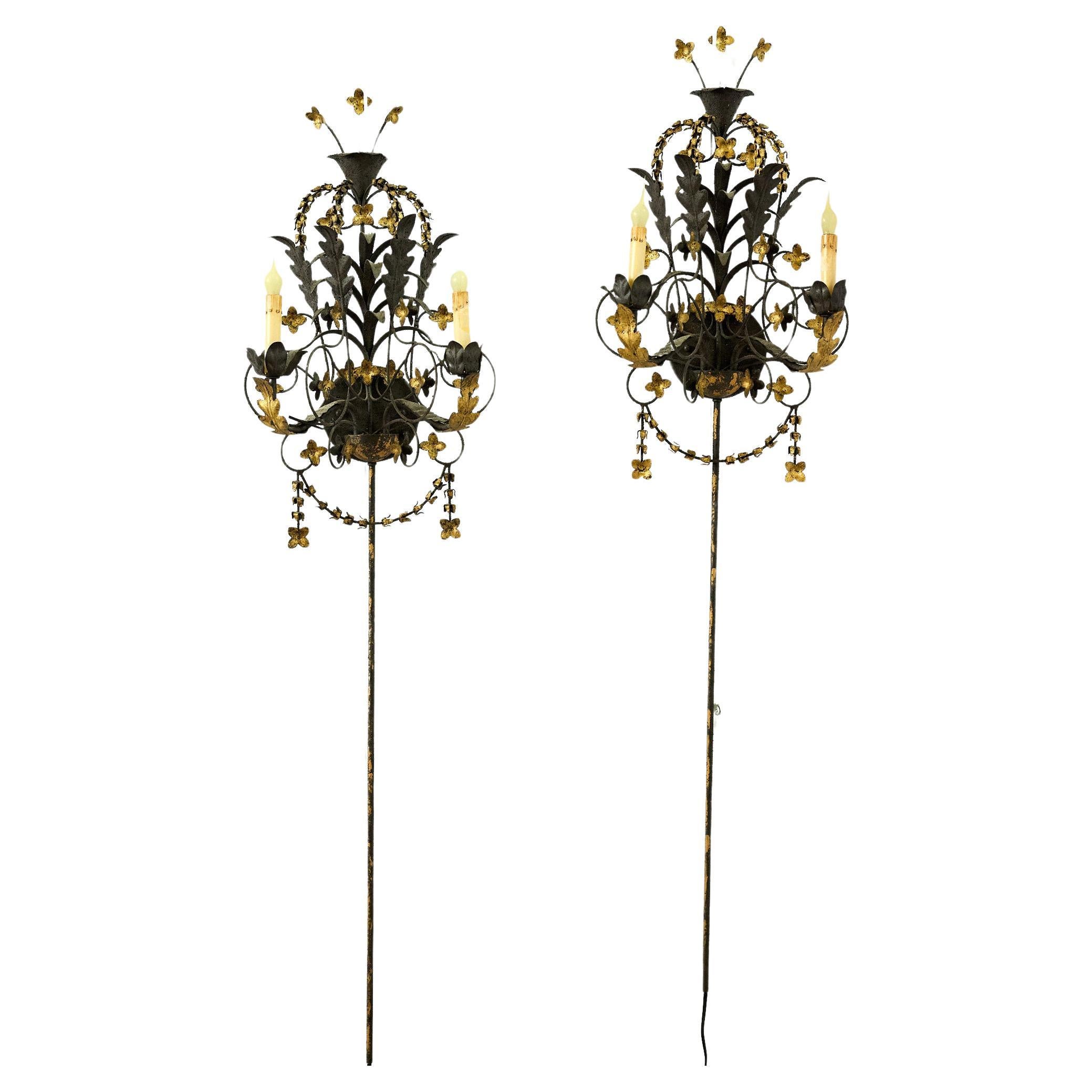 Pair of Florentine Gilt Metal Two Light Wall Sconces