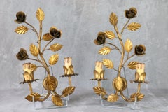 Pair of Florentine sconces decorated with foliage and roses, 1960, Italy