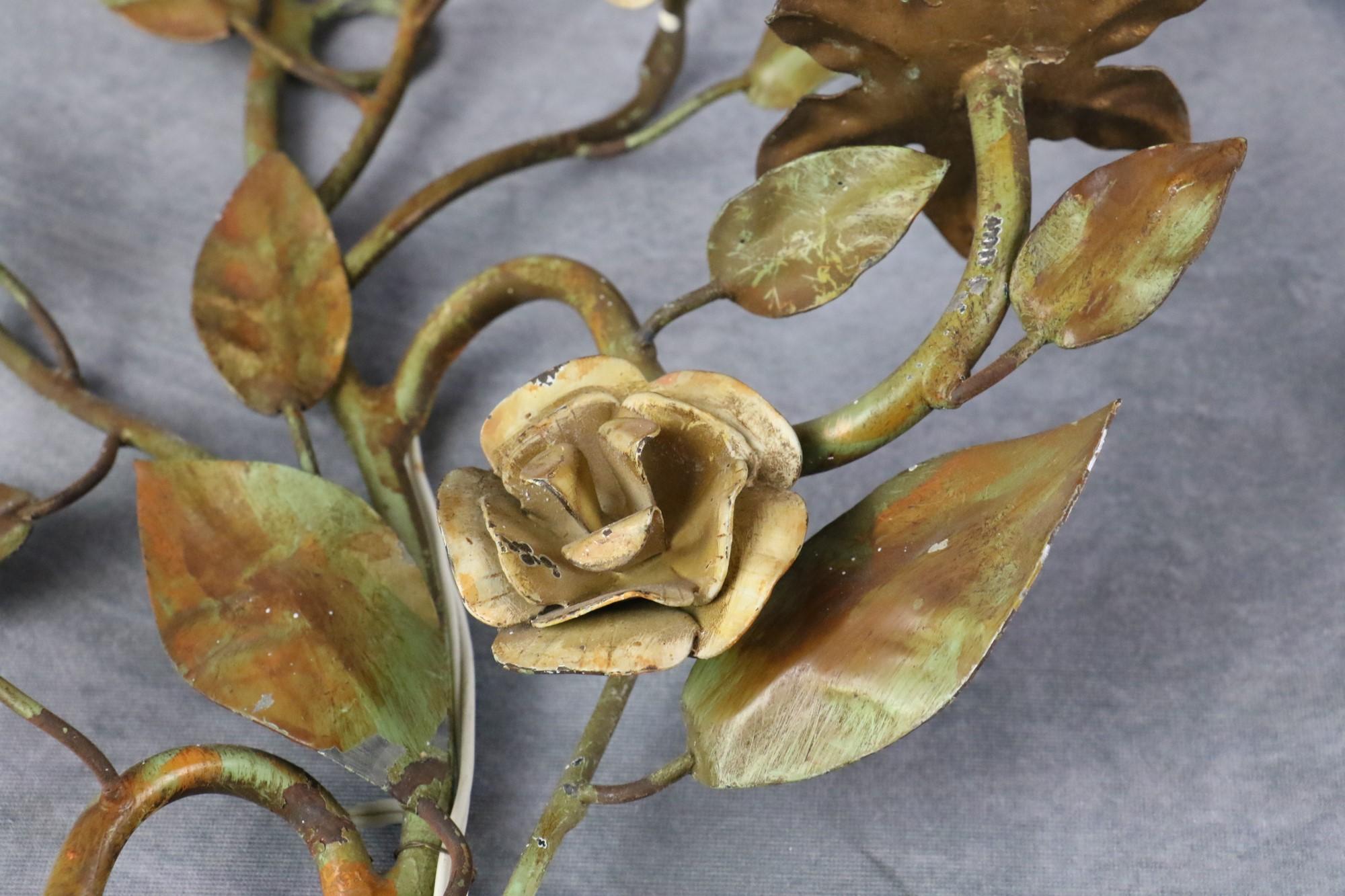 Metal Pair of Florentine sconces decorated with foliage and roses, 1960, Italy