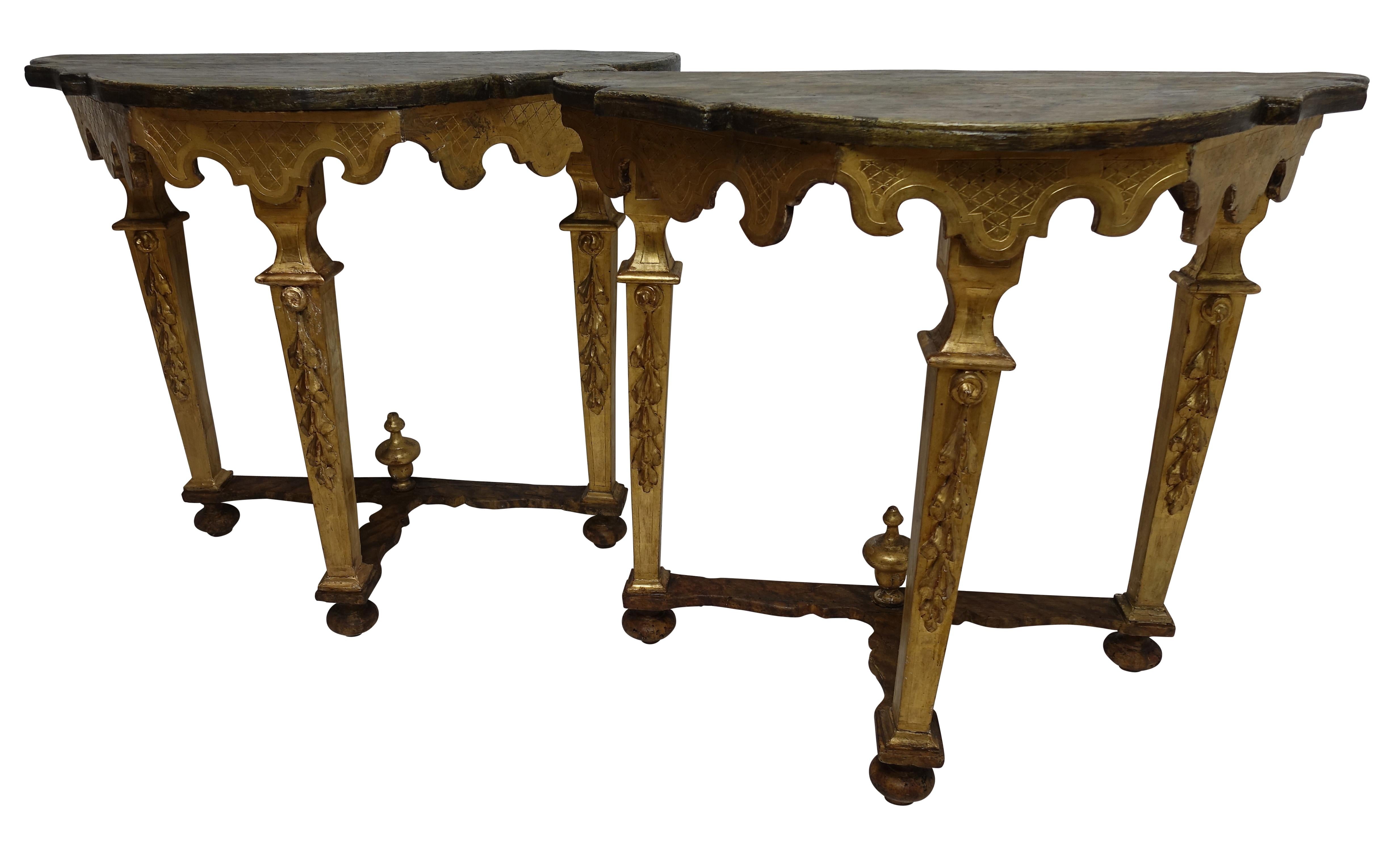 Hand-Carved Pair of Florentine Style Carved and Painted Consoles, Italian, 18th Century For Sale