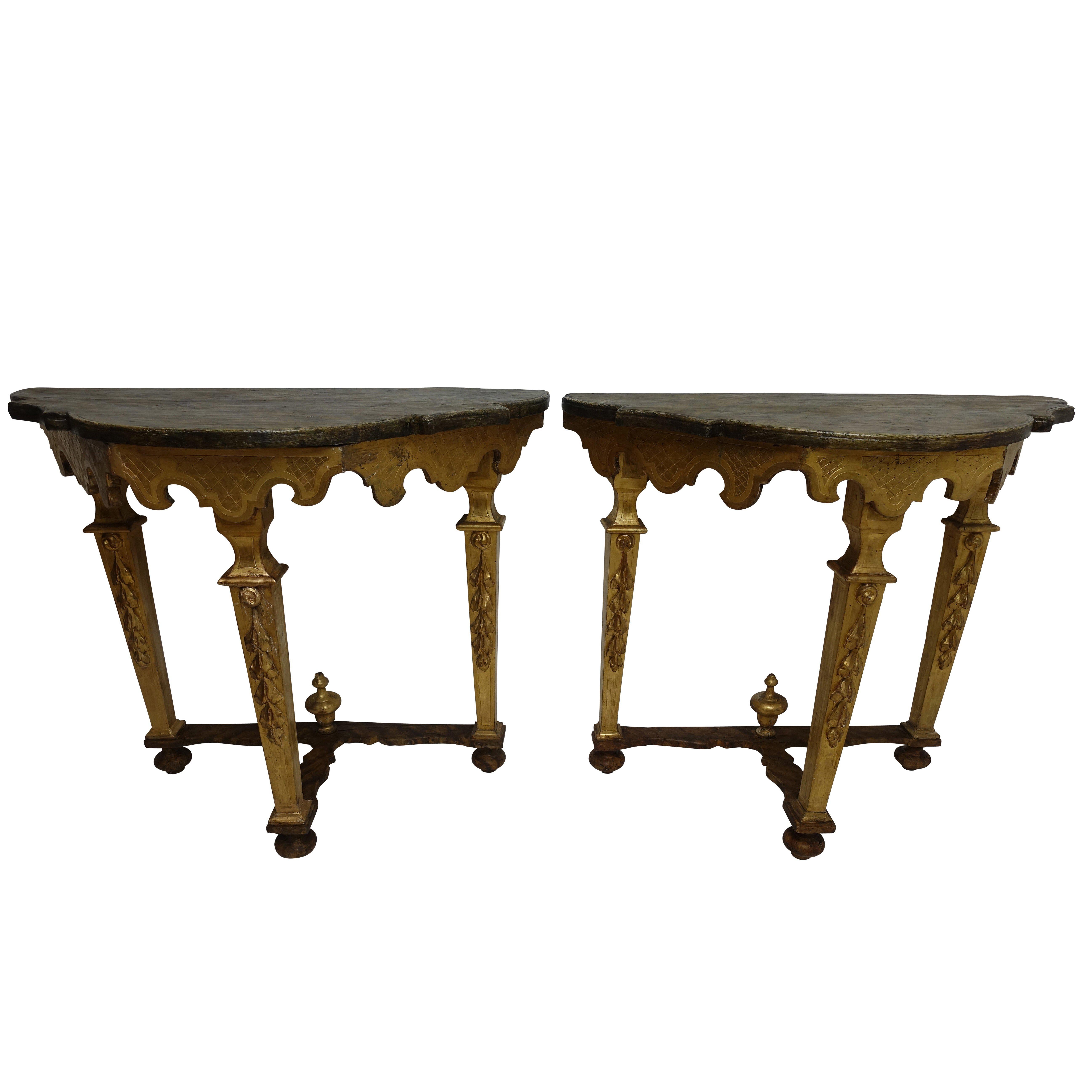 Pair of Florentine Style Carved and Painted Consoles, Italian, 18th Century For Sale