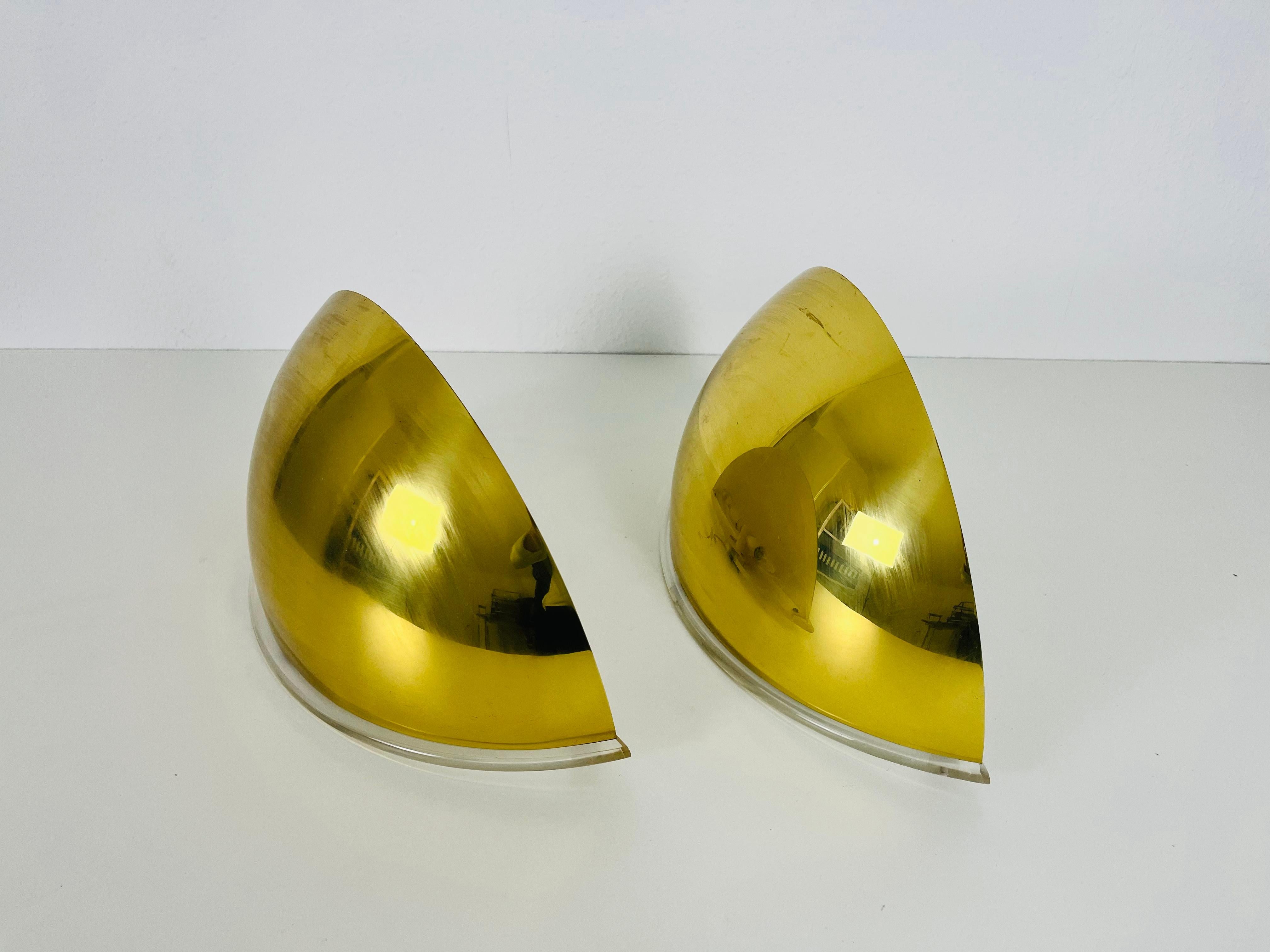 German Pair of Florian Schulz Midcentury Brass Wall Lamps, 1970s For Sale