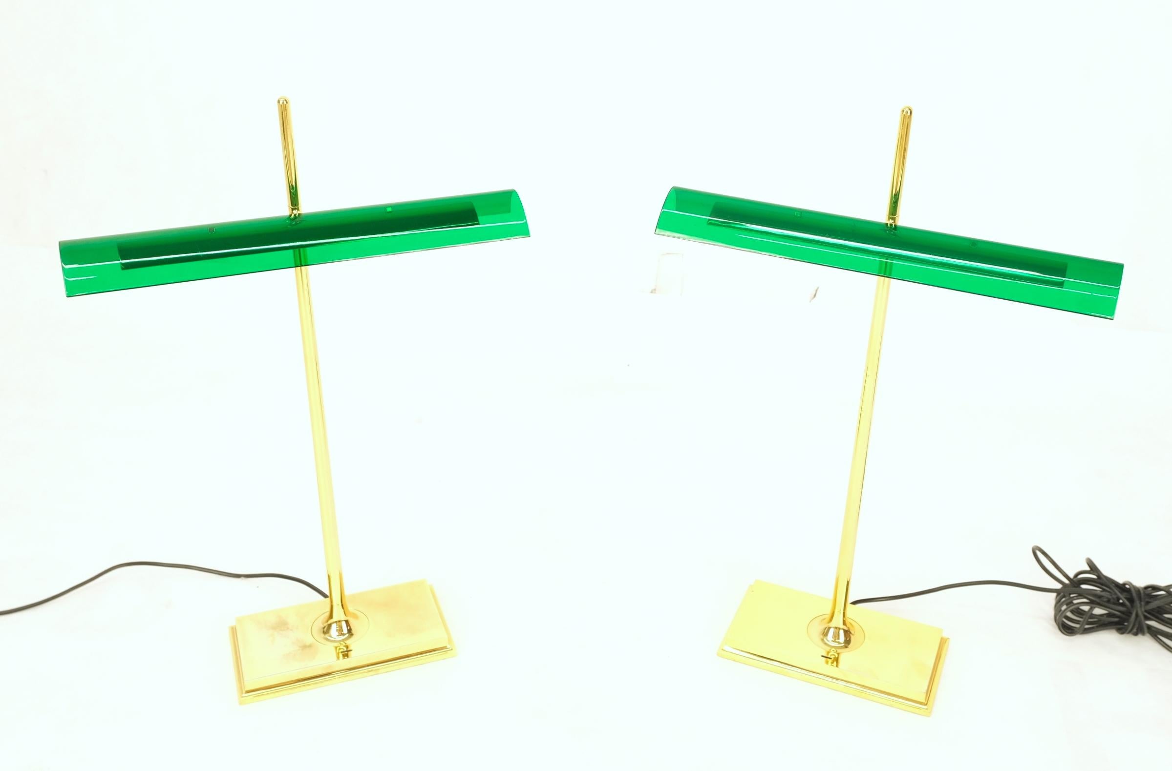 Pair of Floss Goldman Table Lamps Emerald Green Glass Shades Brass  6