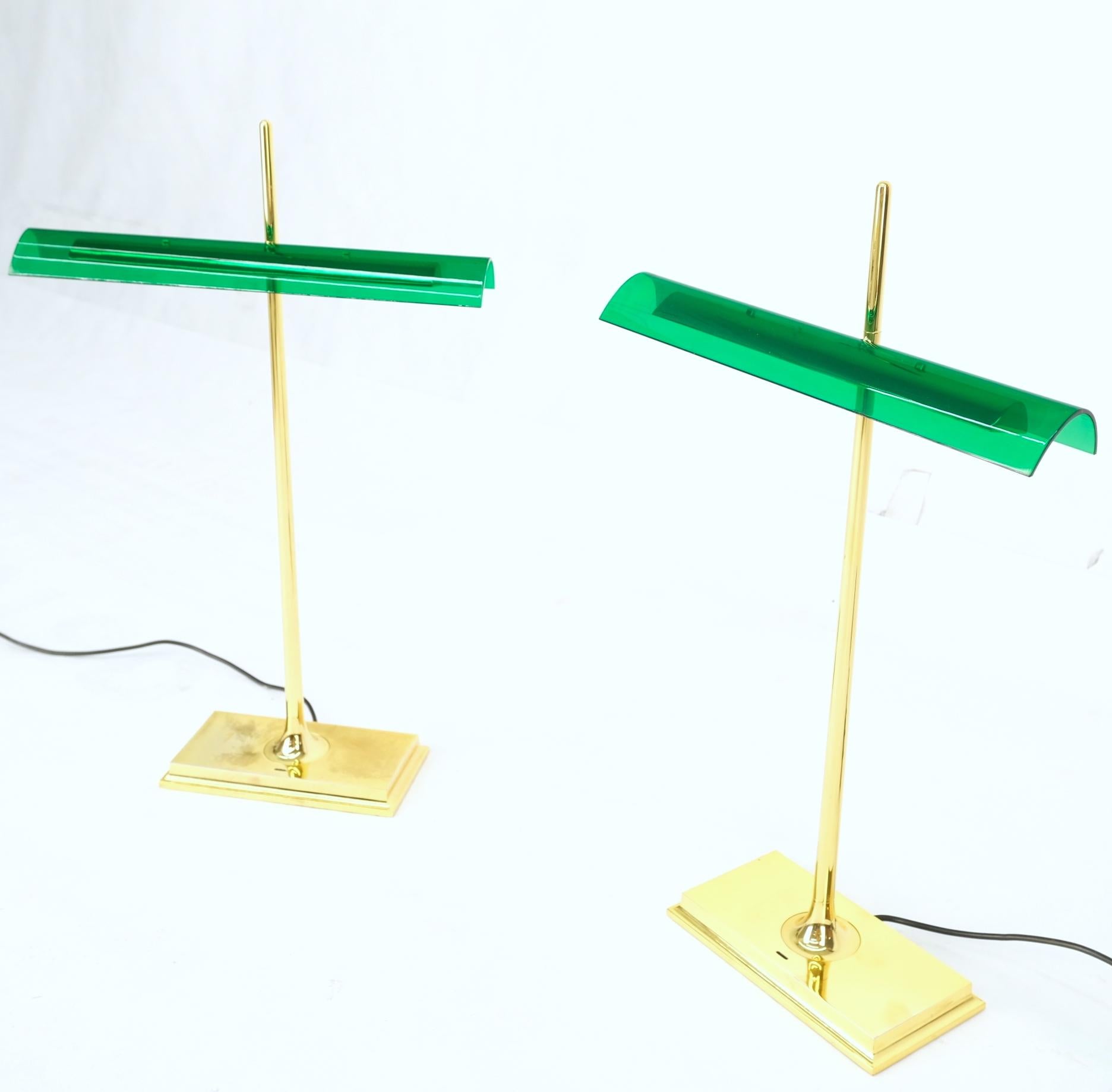 Pair of Floss Goldman Table Lamps Emerald Green Glass Shades Brass  7