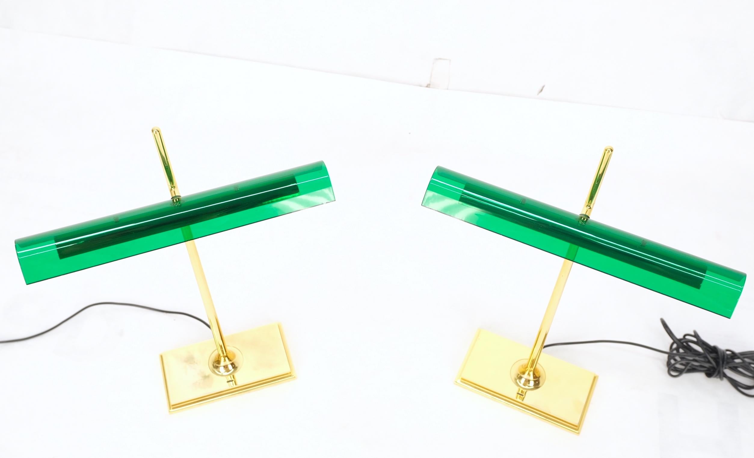 Pair of Floss Goldman Table Lamps Emerald Green Glass Shades Brass  8
