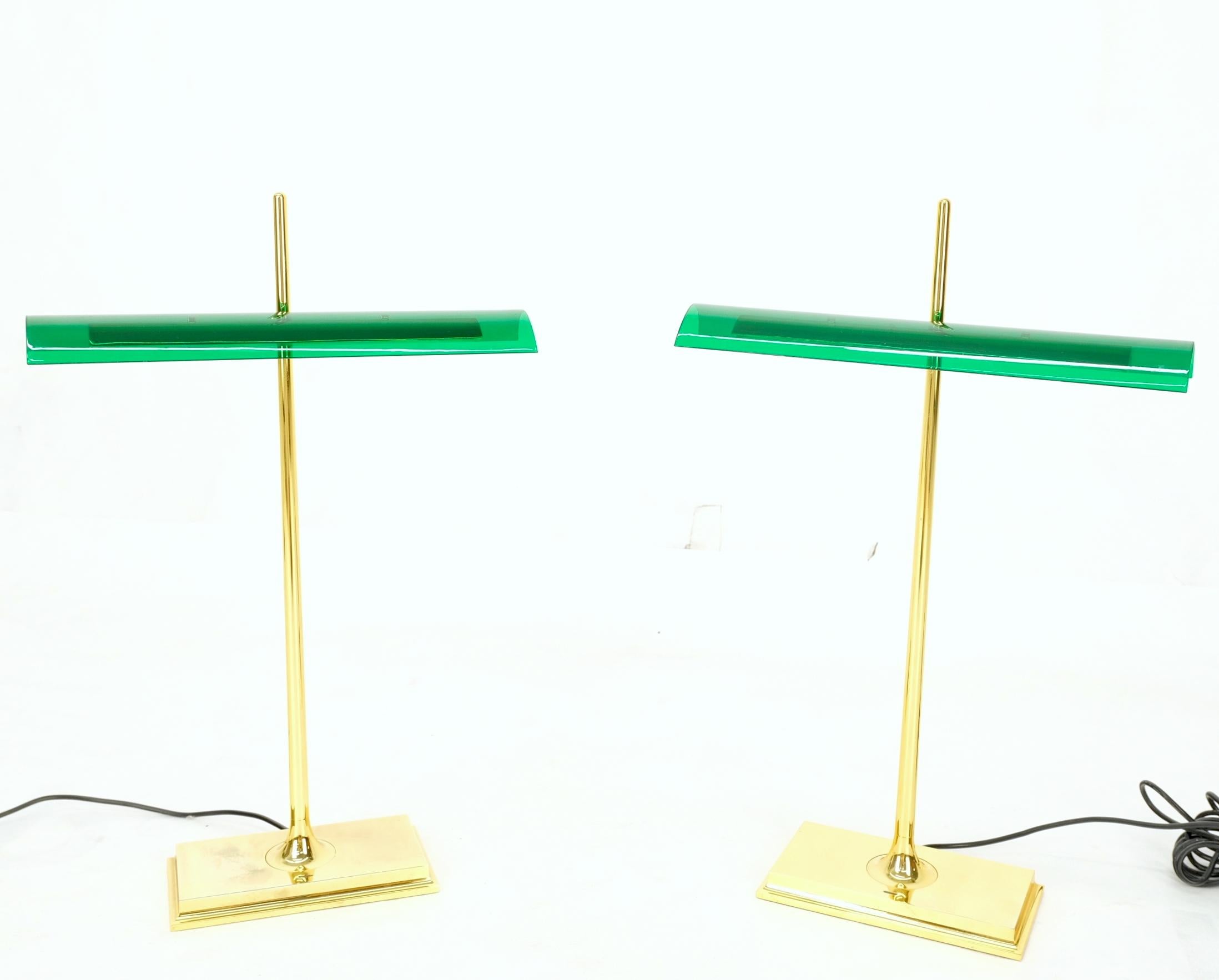 Pair of Floss Goldman Table Lamps Emerald Green Glass Shades Brass  9