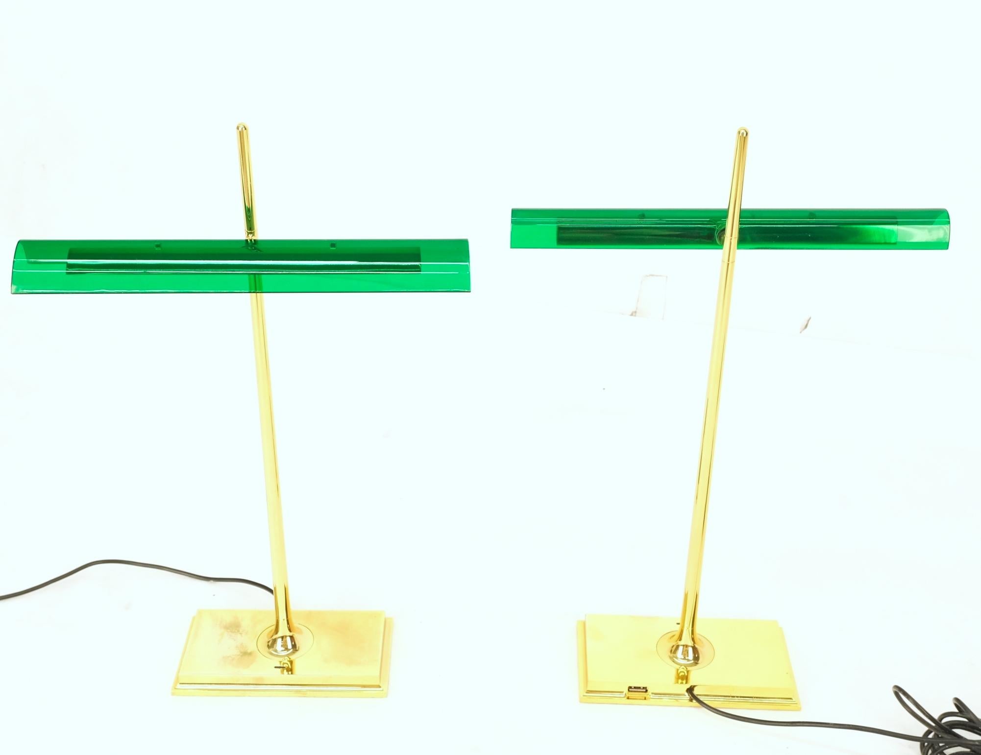 Pair of Floss Goldman Table Lamps Emerald Green Glass Shades Brass  10