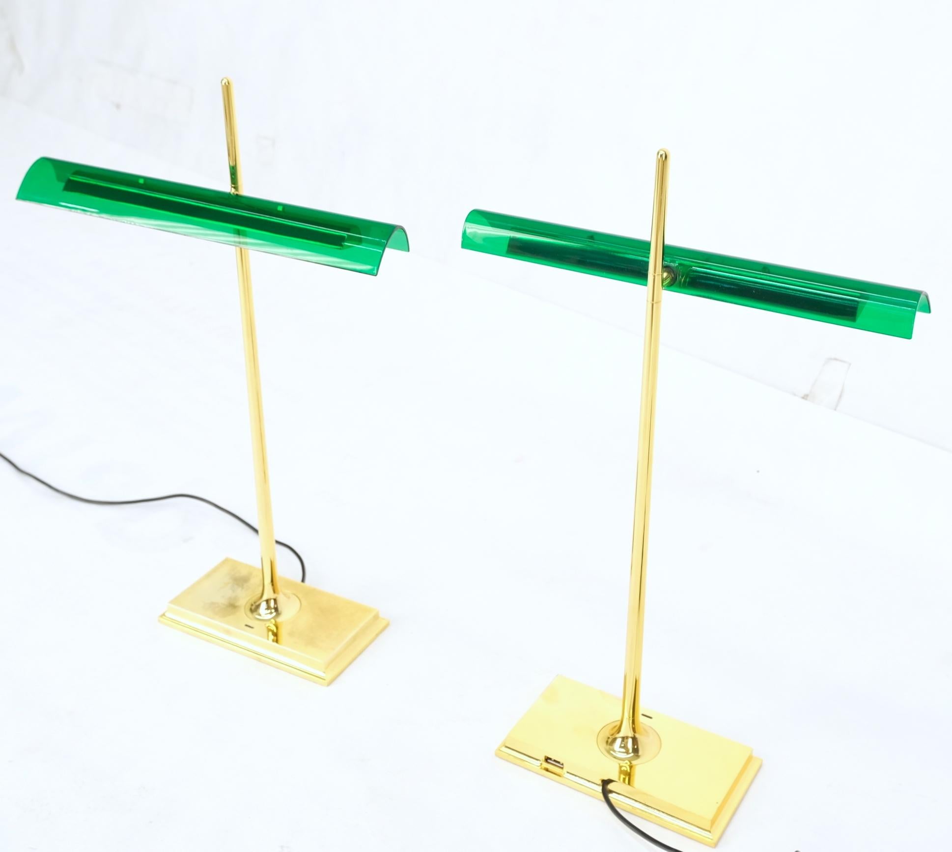 Pair of Floss Goldman Table Lamps Emerald Green Glass Shades Brass  11