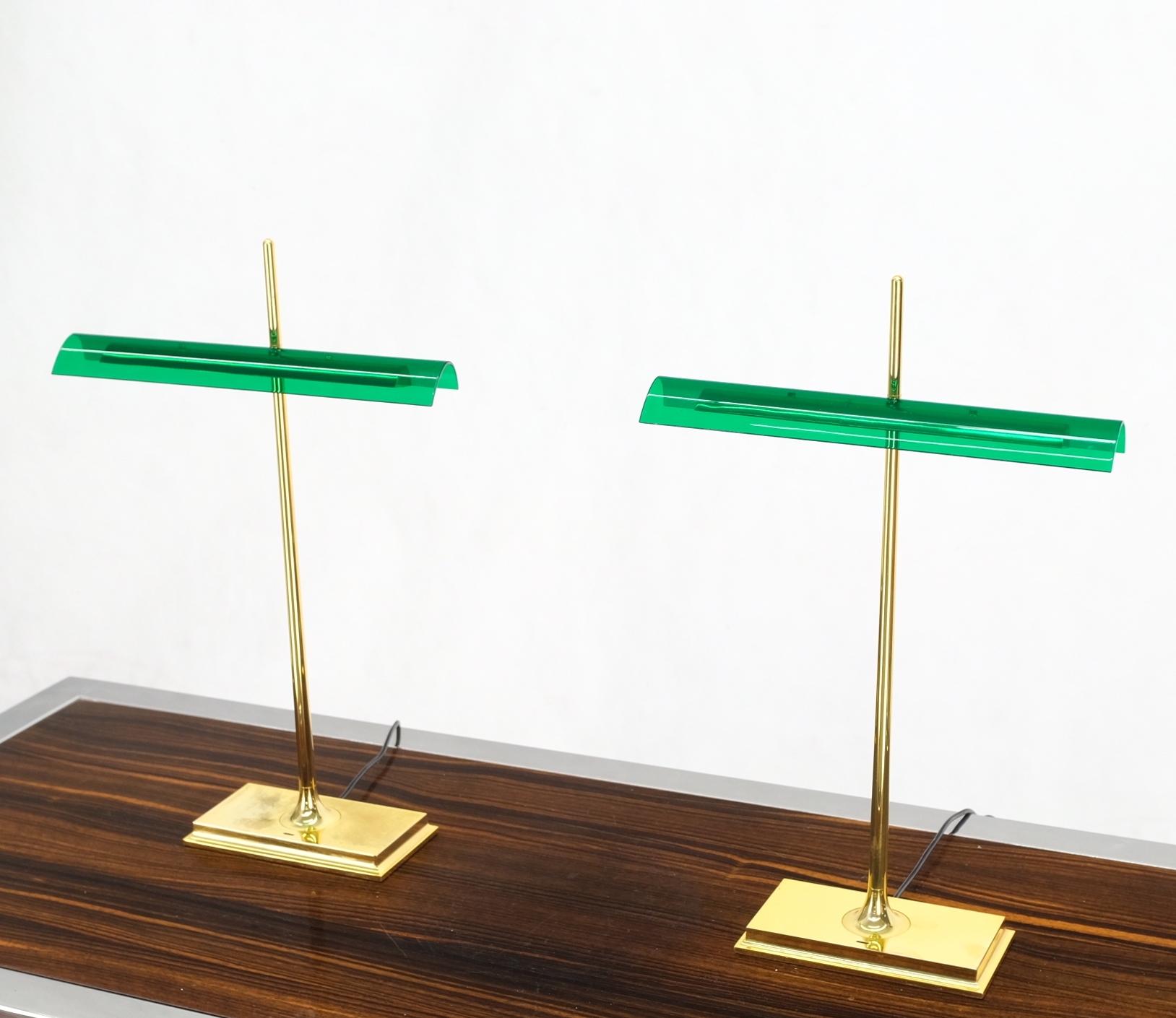 Pair of Floss Goldman Table Lamps Emerald Green Glass Shades Brass  12