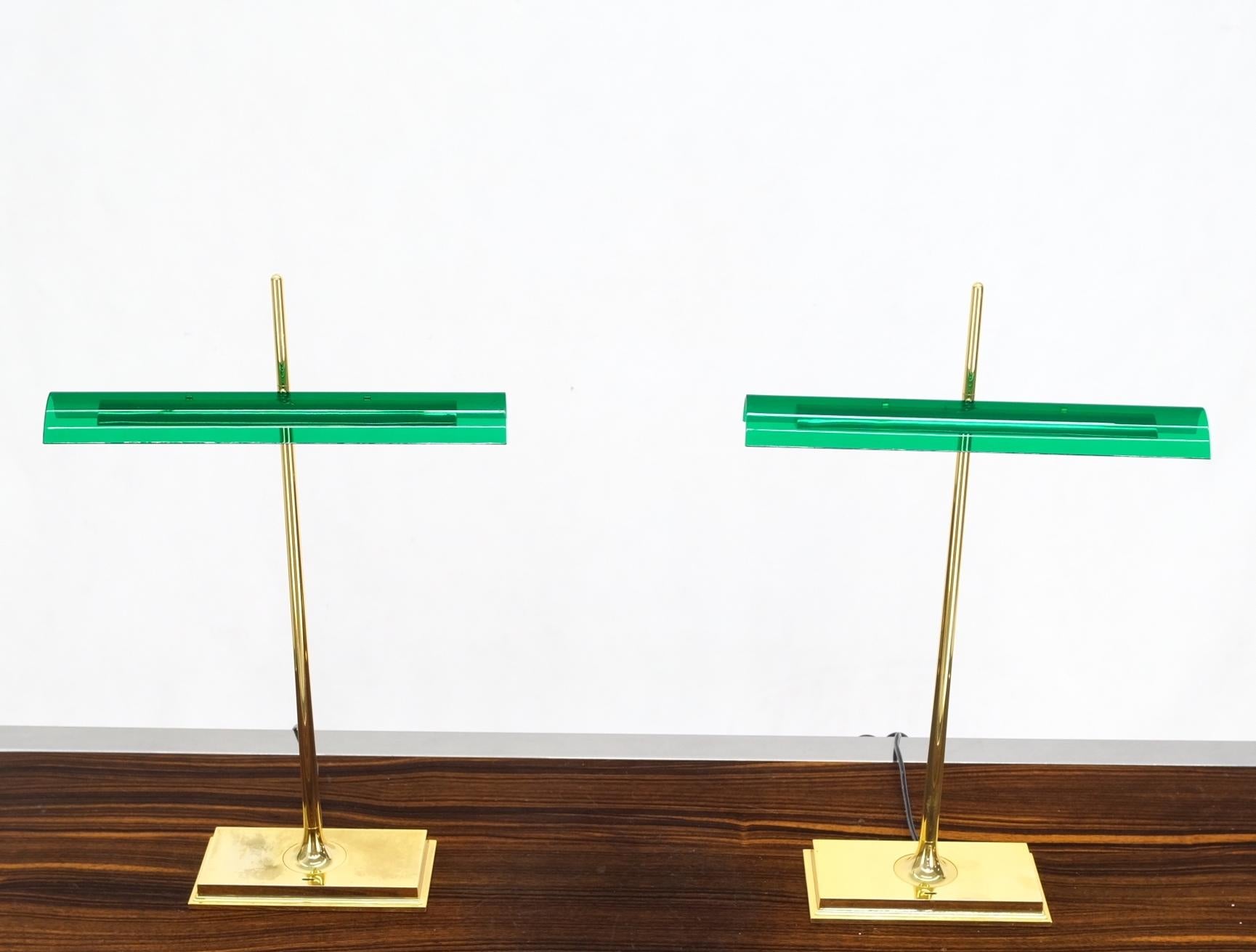 Pair of Floss Goldman Table Lamps Emerald Green Glass Shades Brass  13