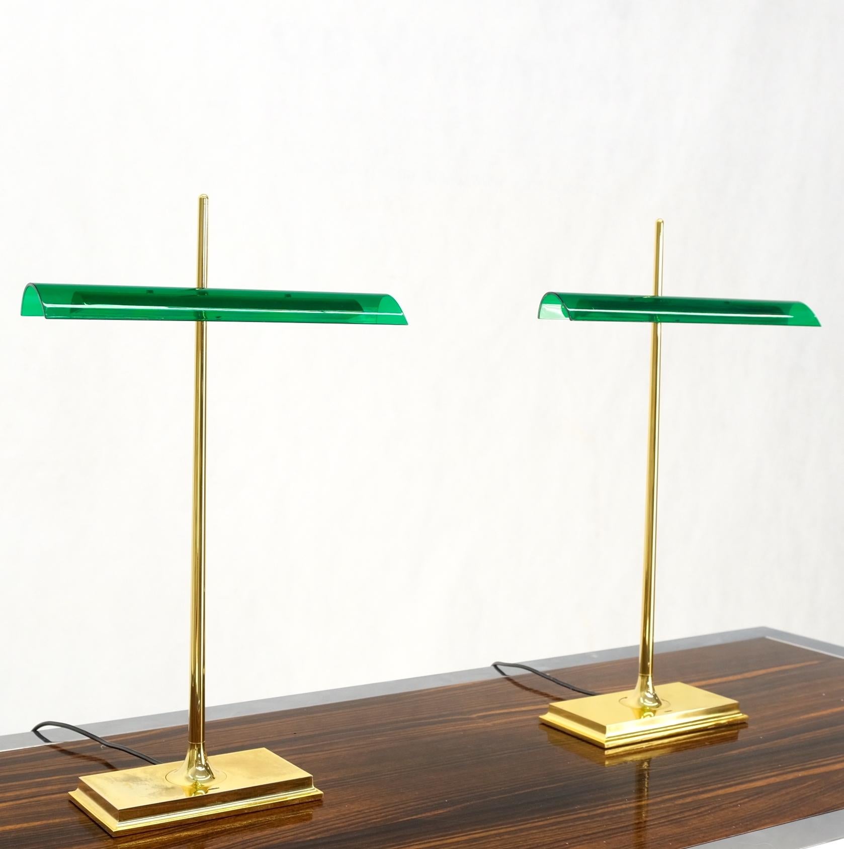 Pair of Floss Goldman Table Lamps Emerald Green Glass Shades Brass  14