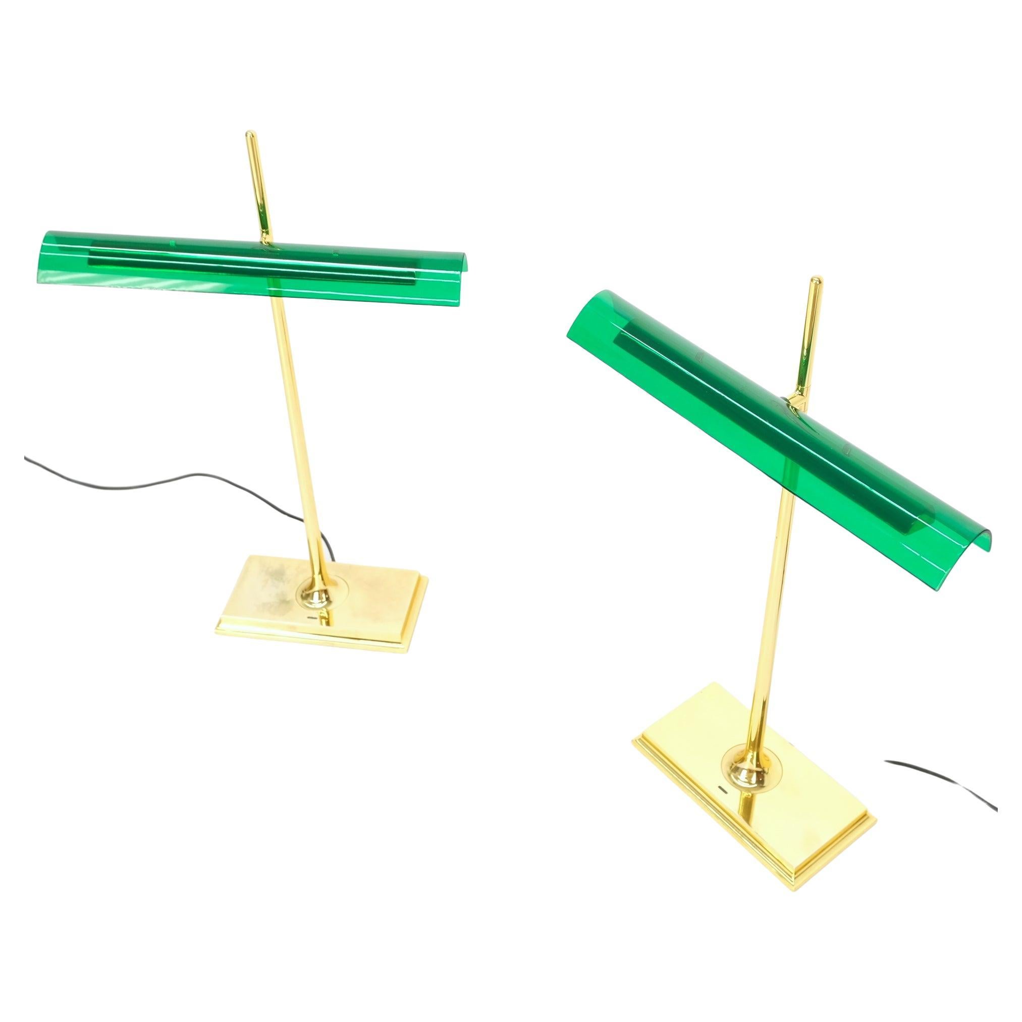 Pair of Floss Goldman Table Lamps Emerald Green Glass Shades Brass 