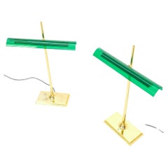 Vintage Pair of Floss Goldman Table Lamps Emerald Green Glass Shades Brass 